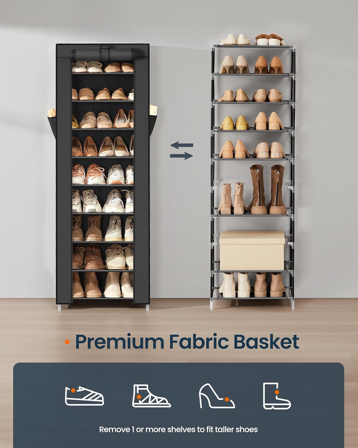 SONGMICS Home Shoe Rack 10-Tier, Tall Narrow Metal Shoe Organizer with Dust Cover, 11.2 x 19.1 x 63.2 Inches, Vertical Storage Cabinet for Closet Entryway, Black
