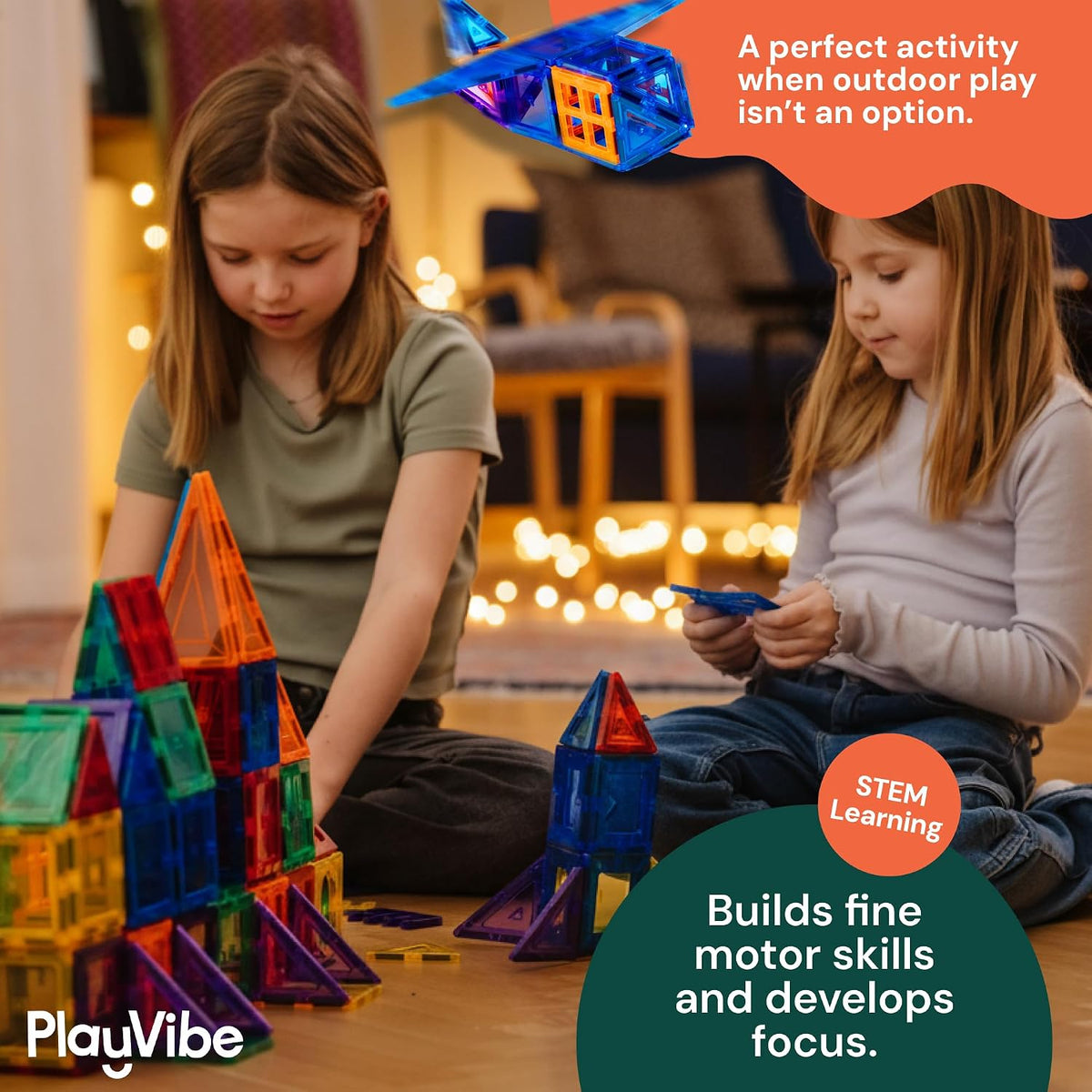 PLAYVIBE Magnetic Tiles - 60 Piece Set, Multicolor, STEM Toys | 60pc magnetic building tiles - strong magnets - Use for STEM play, sensory learning