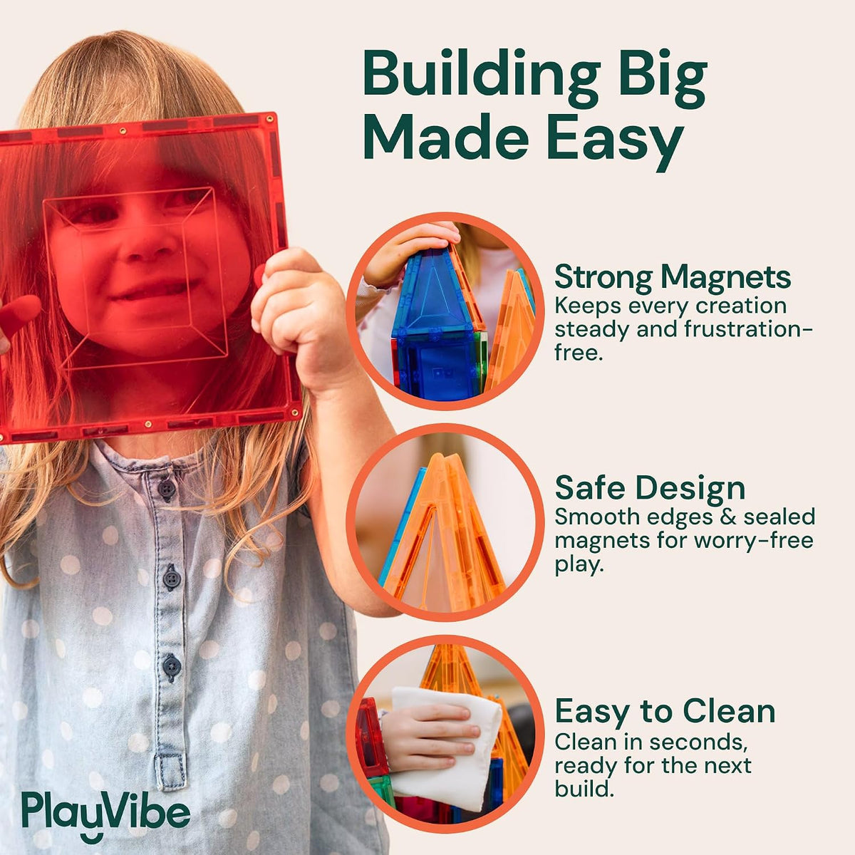 PLAYVIBE Magnetic Tiles - 60 Piece Set, Multicolor, STEM Toys | 60pc magnetic building tiles - strong magnets - Use for STEM play, sensory learning