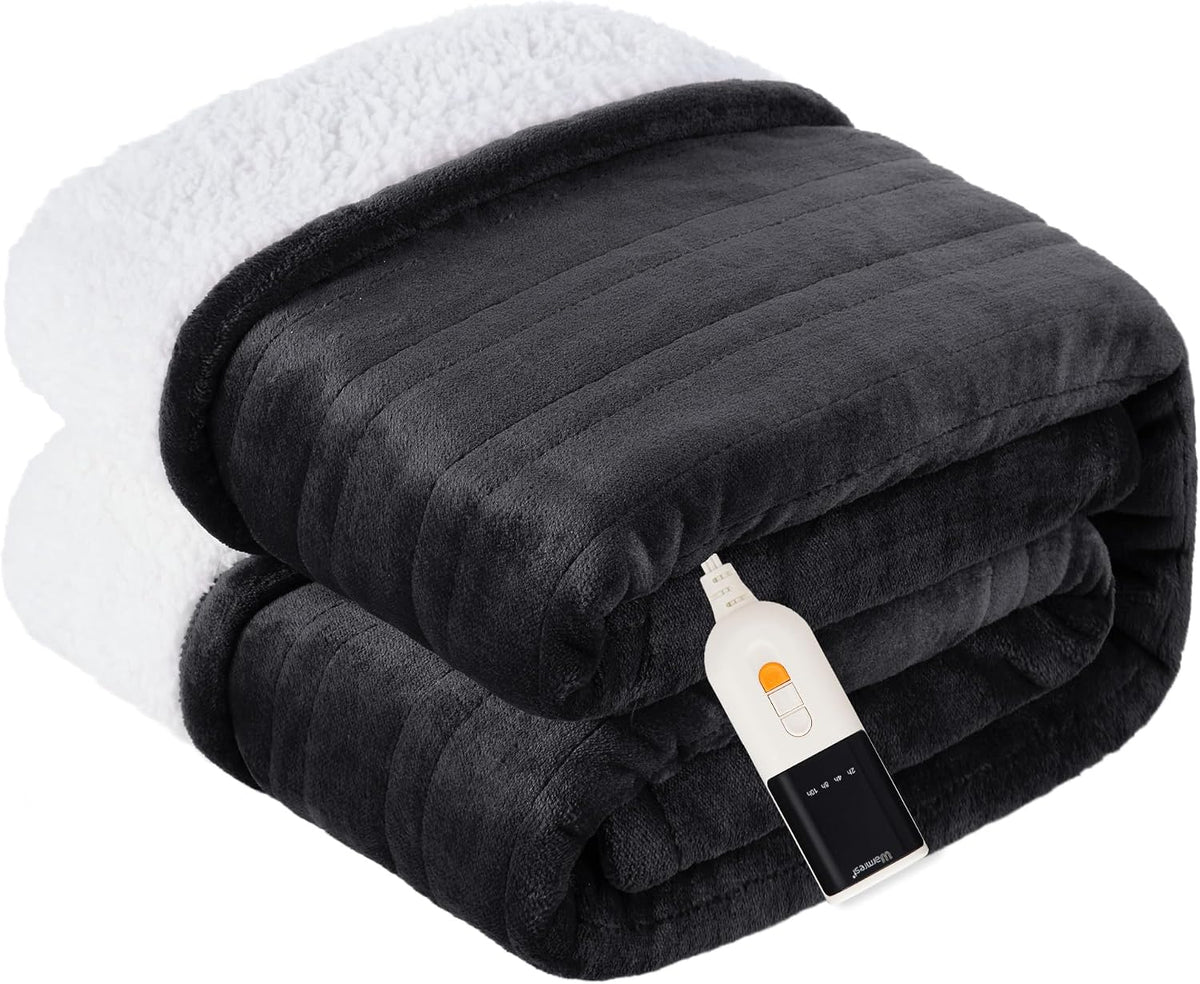 Heated Electric Blanket, Soft Flannel Sherpa, 9 Heat Levels, Fast Heating, 2 to 10 Hours Auto-Off, Detachable Controller, Machine Washable