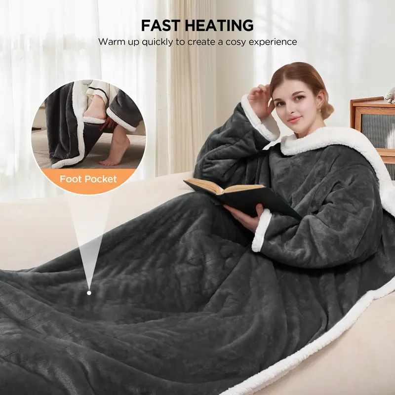 Electric Wearable Throw Blanket with Sleeves & Foot Pocket, Portable Heated Blanket with 4 Heat Settings, 4 Hour Auto Shut-off, 50" x 70" + 18
