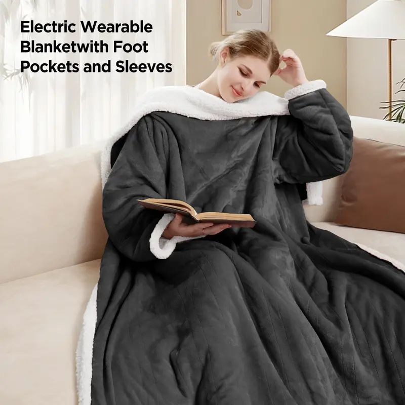 Electric Wearable Throw Blanket with Sleeves & Foot Pocket, Portable Heated Blanket with 4 Heat Settings, 4 Hour Auto Shut-off, 50" x 70" + 18