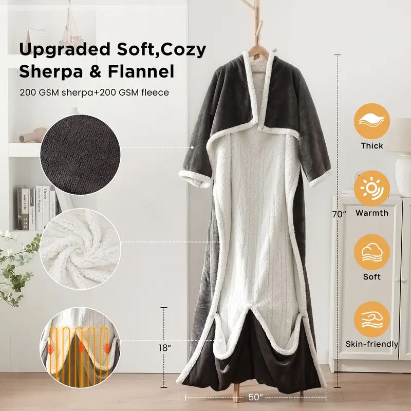 Electric Wearable Throw Blanket with Sleeves & Foot Pocket, Portable Heated Blanket with 4 Heat Settings, 4 Hour Auto Shut-off, 50" x 70" + 18