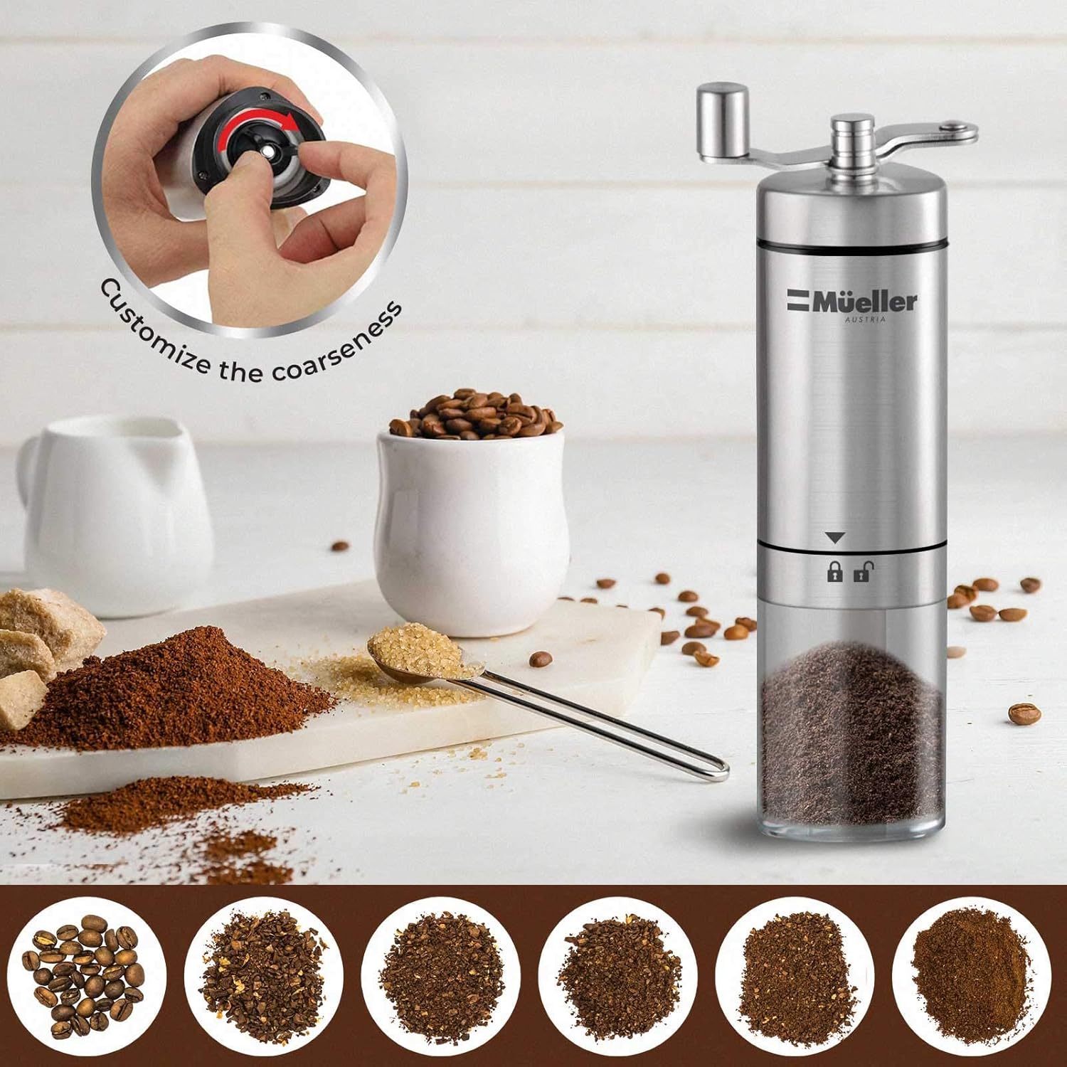Mueller Manual Coffee Grinder Adjustable Ceramic Conical Burr Mill, Brushed Stainless Steel, 2 Pack