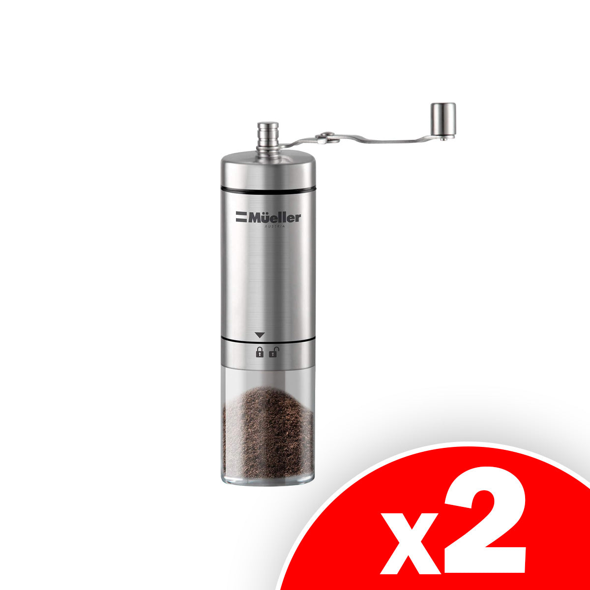 Mueller Manual Coffee Grinder Adjustable Ceramic Conical Burr Mill, Brushed Stainless Steel, 2 Pack