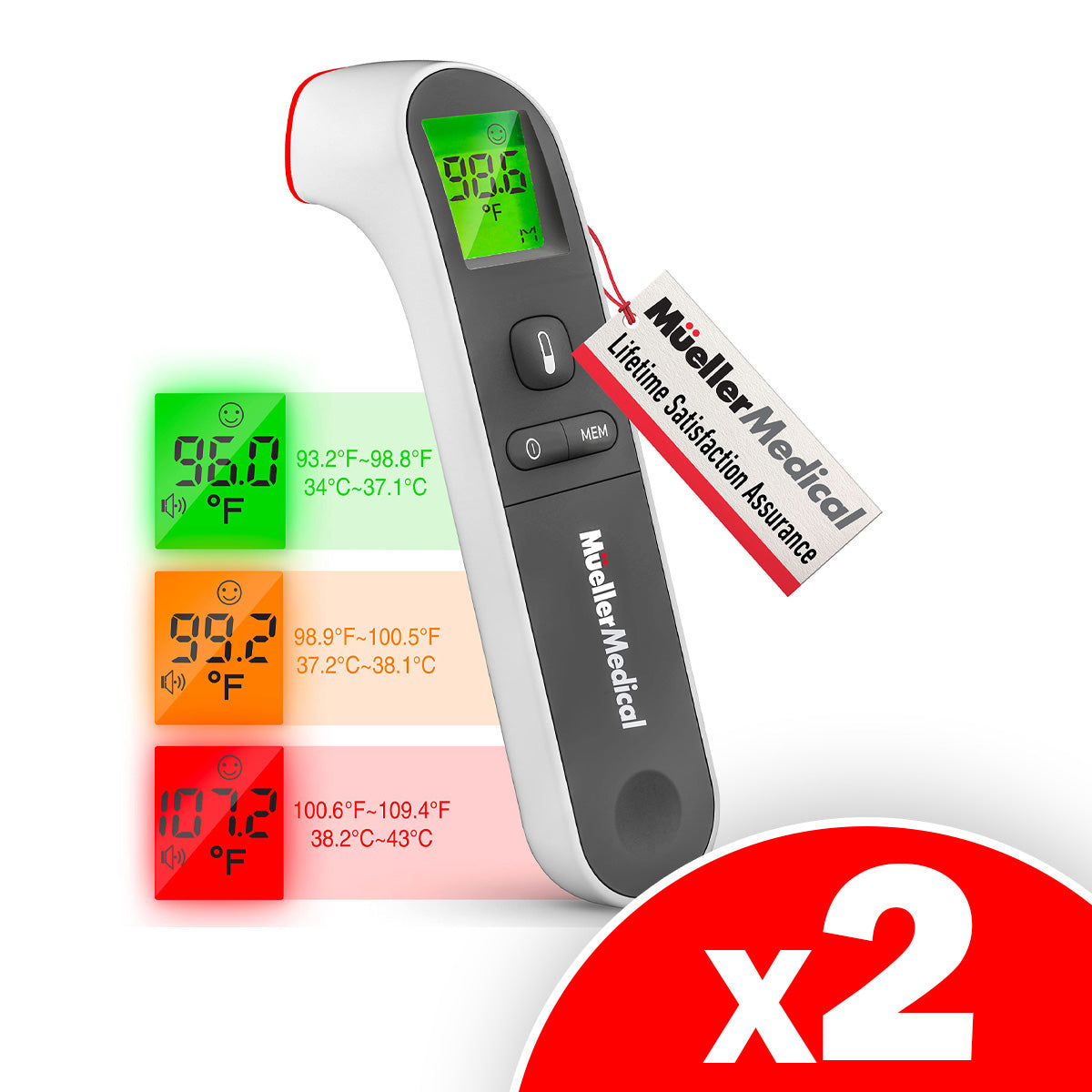 Mueller Non-Contact Infrared Thermometer for Adults and Kids, Body and Surface Memory Recall, Auto Power-Off with Backlight Indicator, 2 Pack
