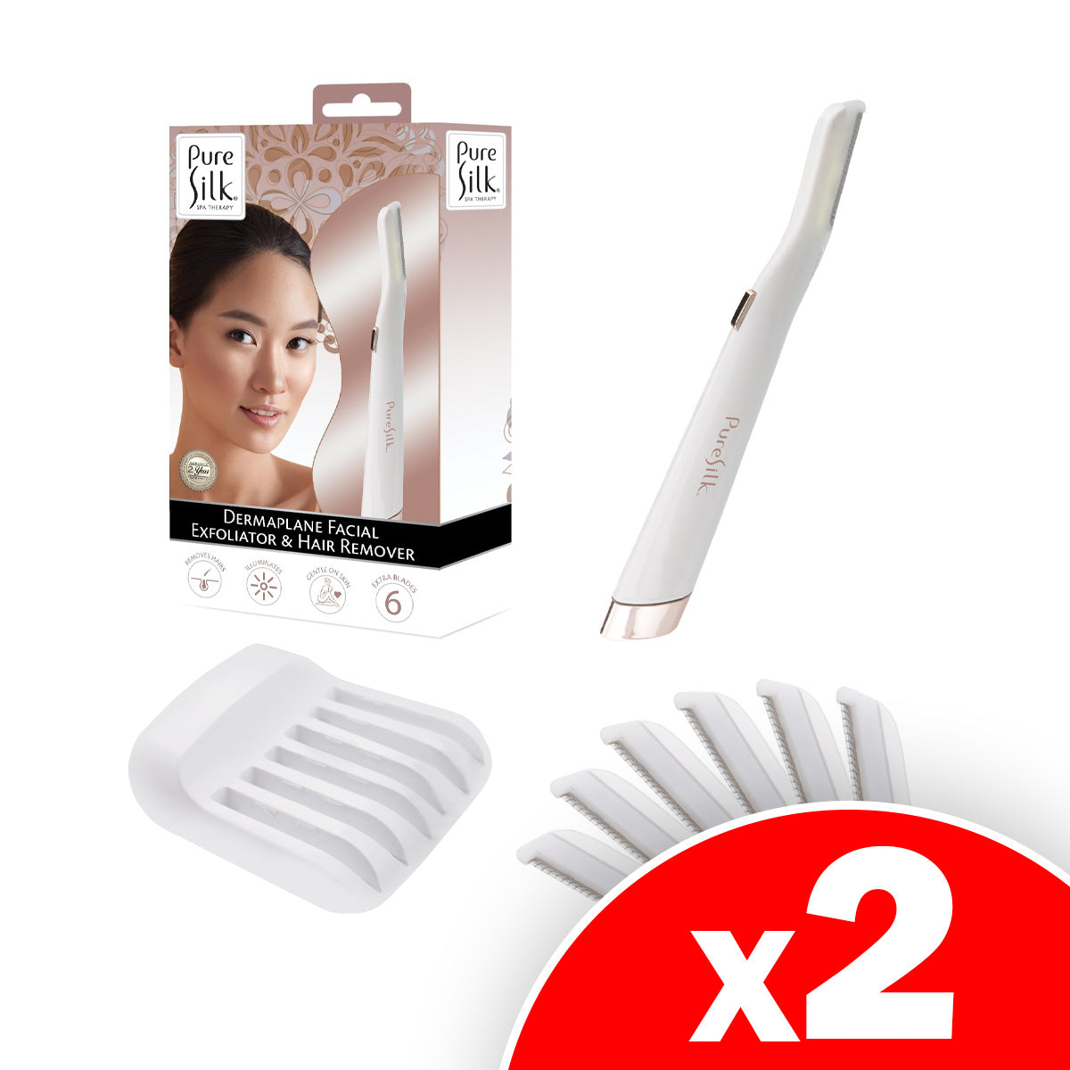 Pure Silk Dermaplaning Tool, Facial Exfoliator & Hair Remover, Battery Operated, Built in LED Light, 6 Replacement Heads, 2 Pack