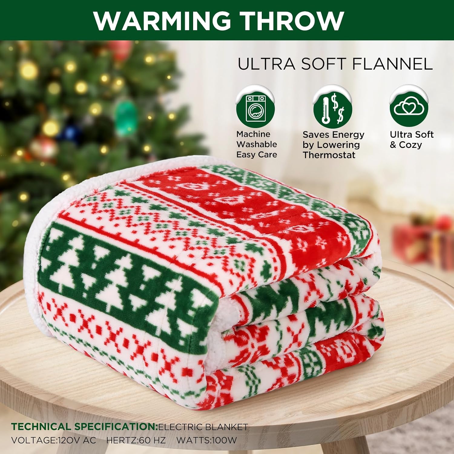 Westinghouse Heated Throw Blanket, 50"x60", Christmas Trees, ETL Certified | 6 Heating Levels, 2-10 Hours Auto-off, Overheat Protection, Flannel to Sherpa, Machine Washable, Couch Bed Office Home
