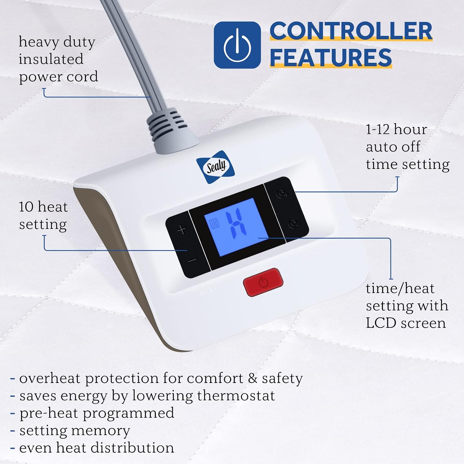 Sealy Heated Mattress Pad | Luxury Quilted Waterproof Electric Mattress Cover with 10 Heat Setting Controller & 1-12 Hours Auto Shut Off | Fit Up to 15" Deep Pocket | Luxury Quilted Electric Mattress Cover 1 to 12 Hours Auto Shut Off