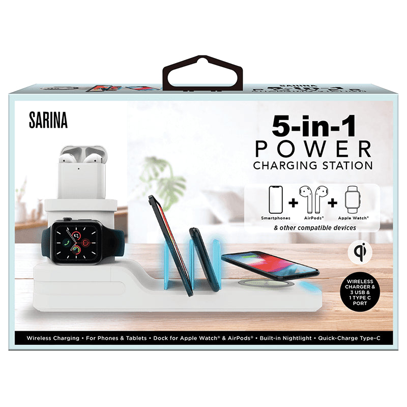 Sarina 5-in-1 Power Charging Station, Wireless Charging for Phones & Tablets, Dock for Apple Watch & AirPods, Built-in Nightlight, White