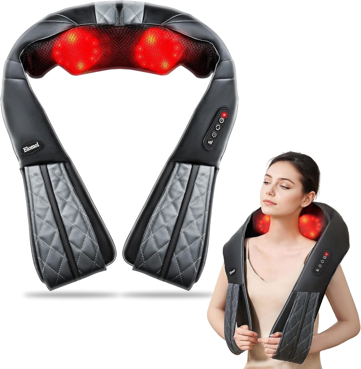 Elomol Neck Shoulder Massager with Heat, Rechargeable Shiatsu Deep Tissue Kneading Massager for Neck, Back, Shoulders and Legs
