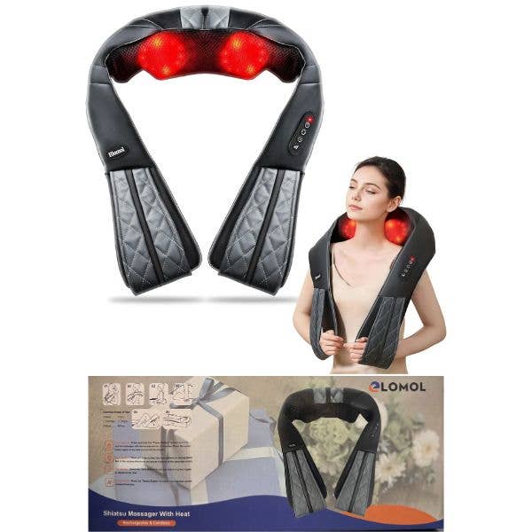 Elomol Neck Shoulder Massager with Heat, Rechargeable Shiatsu Deep Tissue Kneading Massager for Neck, Back, Shoulders and Legs