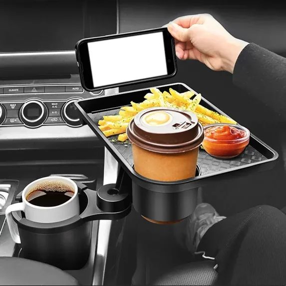 Breakout Car Cup Holder Expander Multi-Function Drink Holder with Food Table, 360-Degree Adjustable Base Tray for Snack, Black
