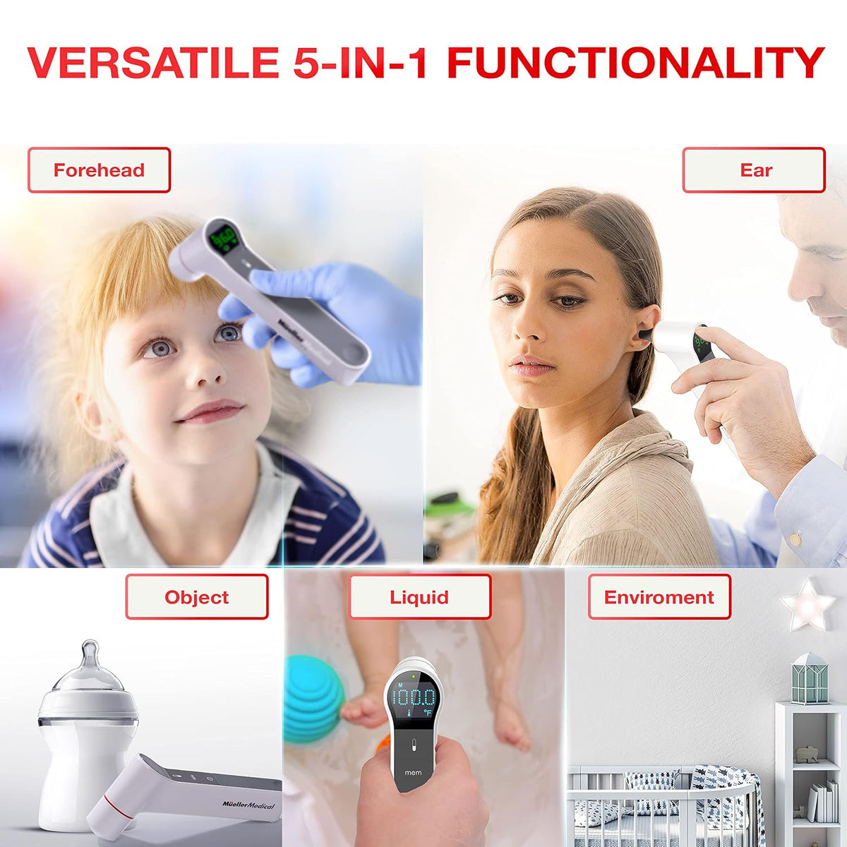 Mueller Ear Forehead Thermometer for Adults and Kids for Fever with Ear Temperature Probe and LCD Display, Non-Contact Body and Surface Thermometer, Auto Shut-Off, White