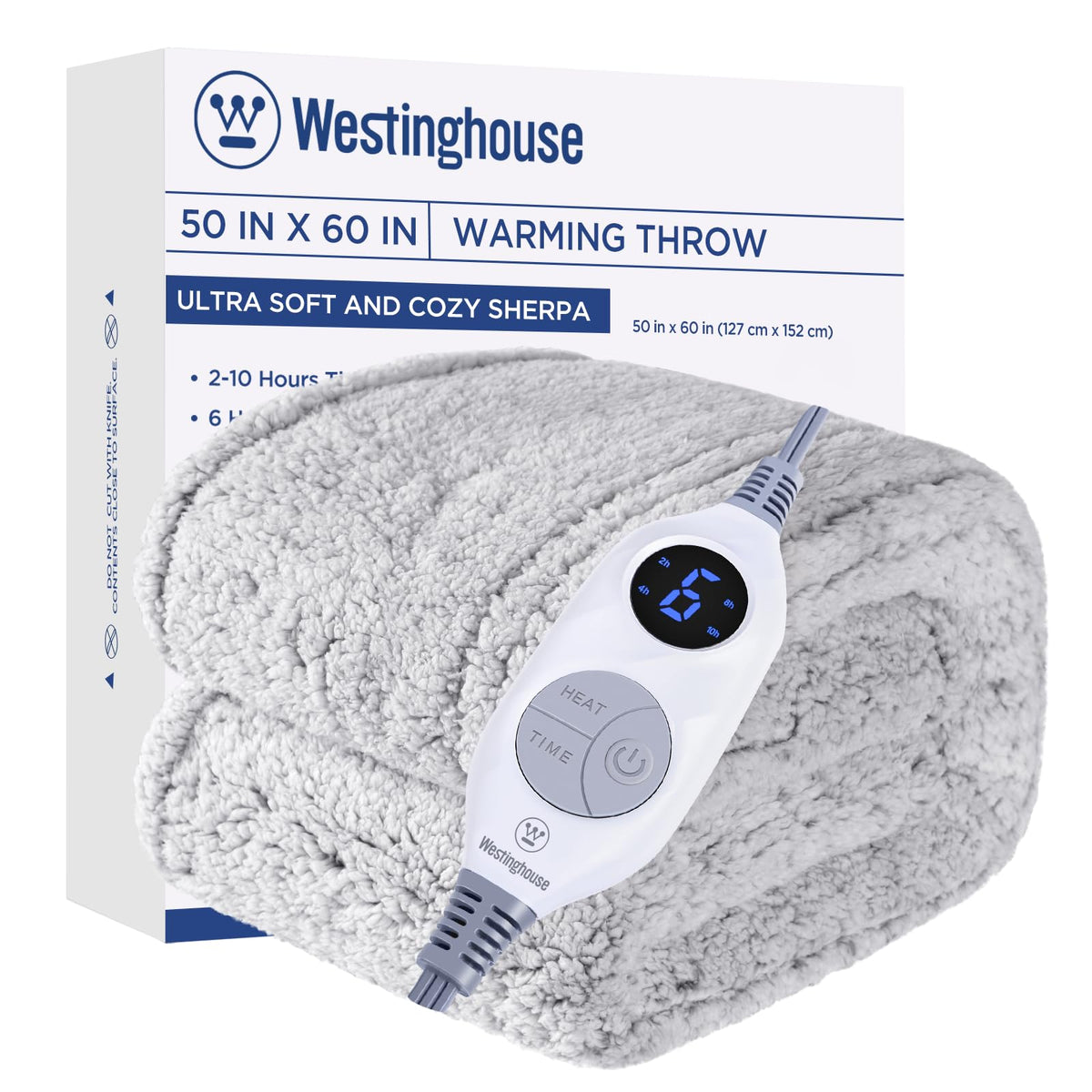 Westinghouse Electric Blanket Heated Throw, 6 Heat Settings | Soft Plush Sherpa Heated Blanket with 2-10 Hours Auto-Off, Machine Washable, Grey, Size 50" X 60"