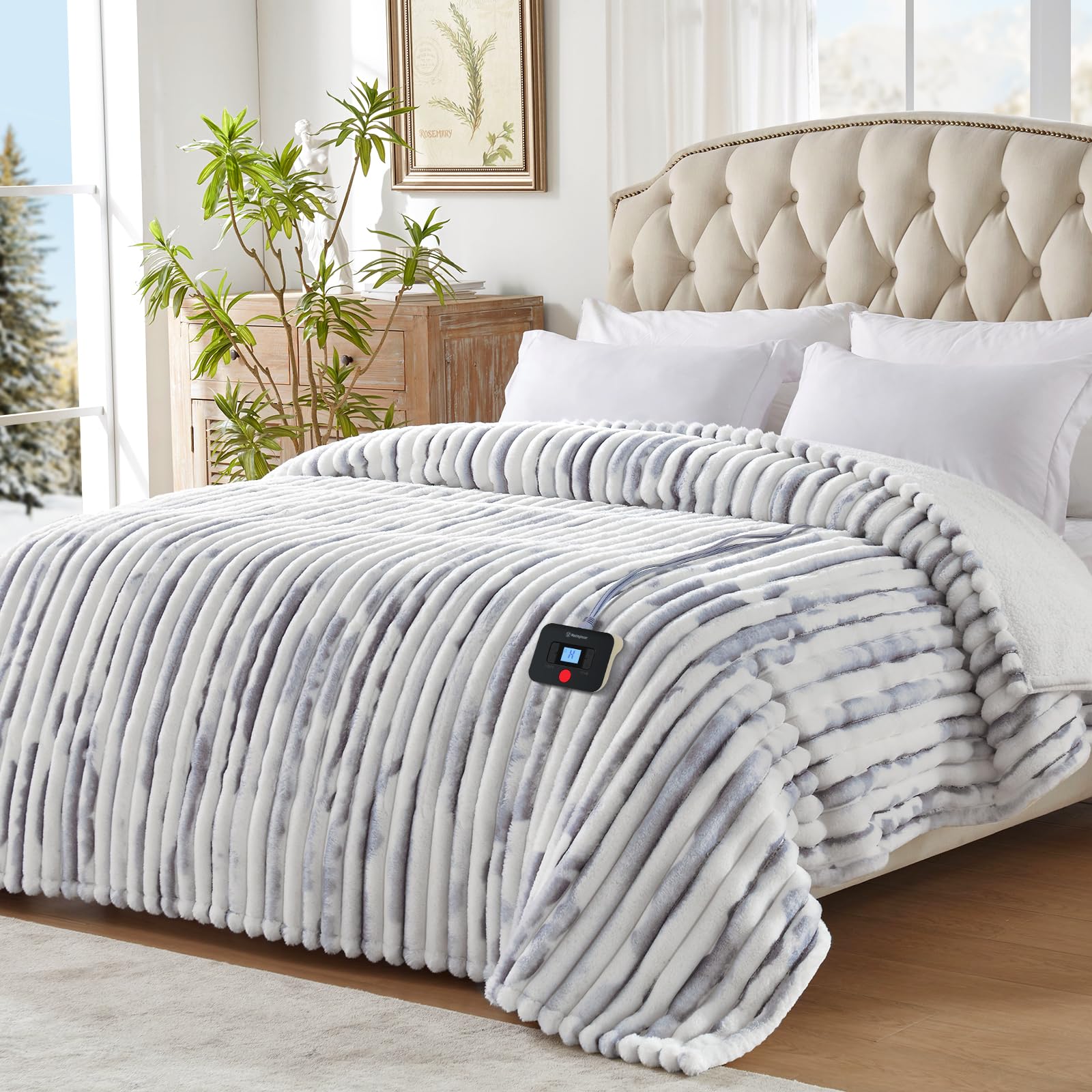 Westinghouse Faux Fur & Sherpa Heated Blanket | Electric Blanket with 10 Heat Levels & 1-12 Hours Auto Off, Fast Heating, Overheat Protection, Blue Grey Striped