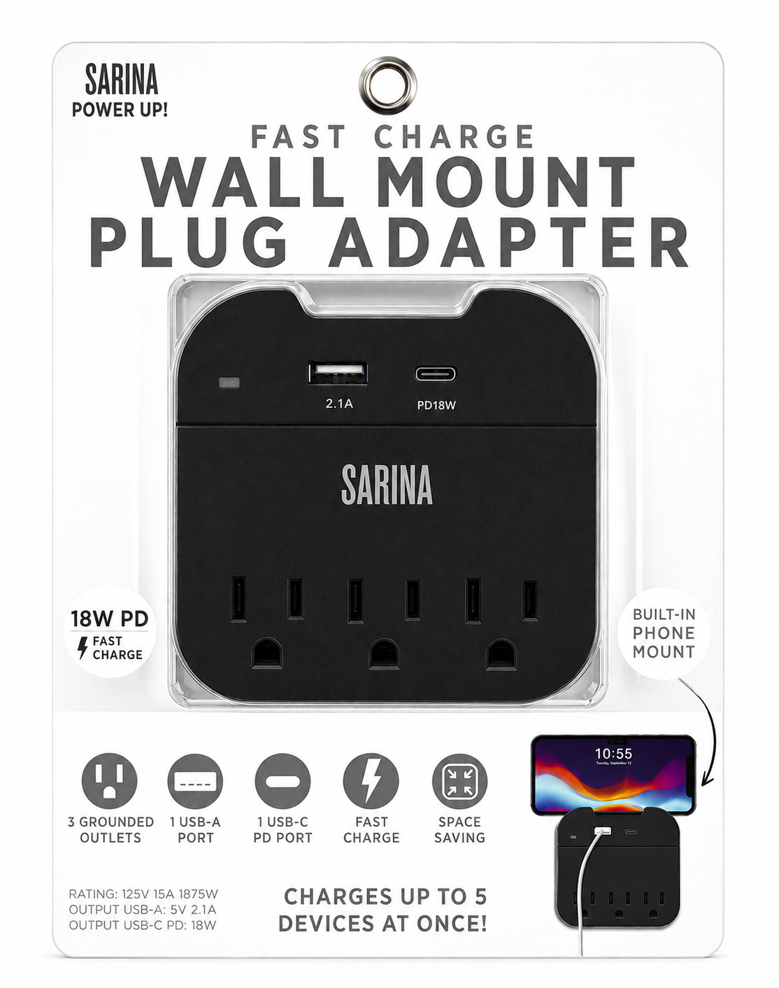 Sarina Fast Charge Wall Mount Plug Adapter with Built in Phone Mount