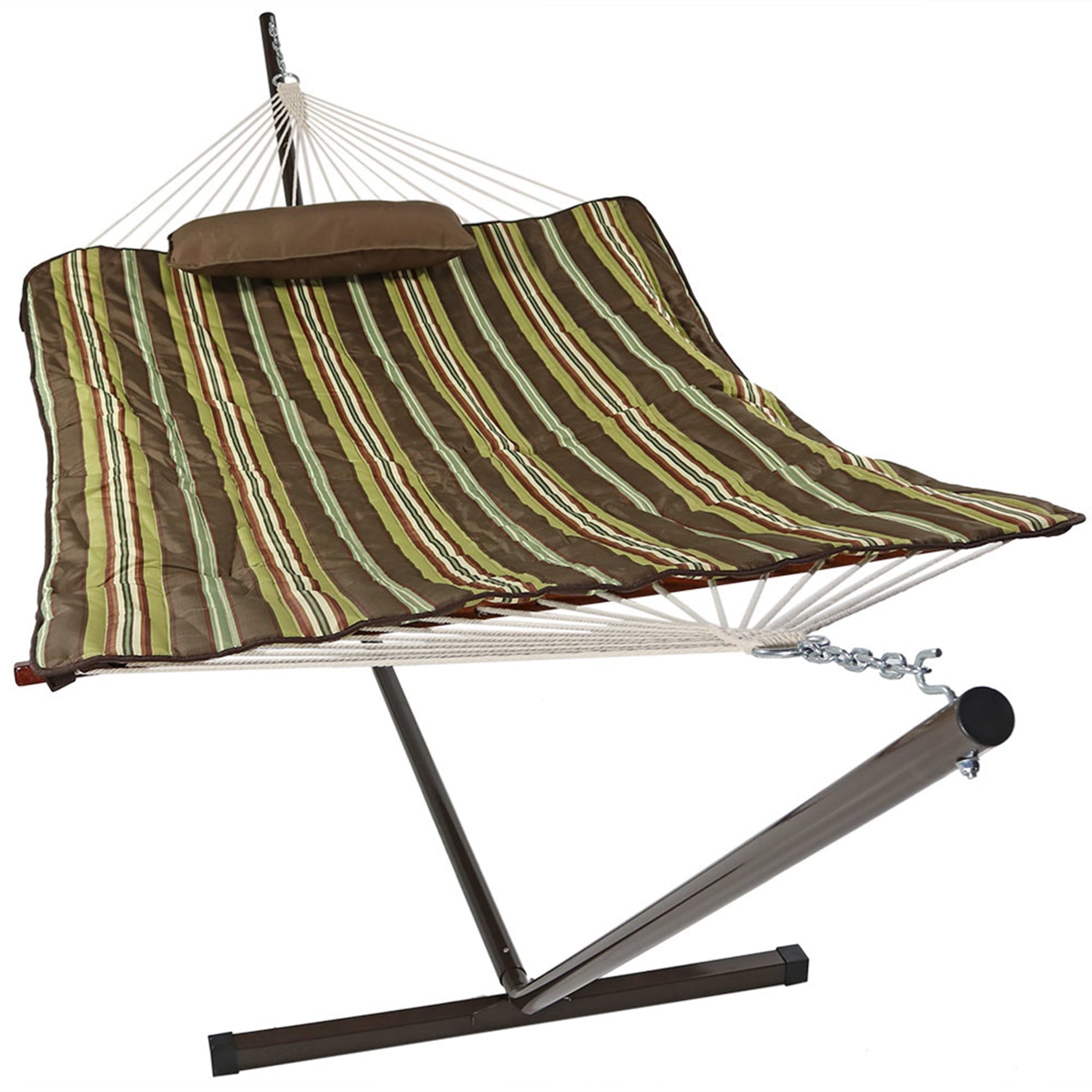 Sunnydaze Rope Hammock with Stand for Outside, 450 lb Capacity | Desert Stripe, Heavy Duty Freestanding Portable Outdoor Hammock Set with Quilted Pad, Pillow, and 12 ft Steel Frame, Desert Stripe