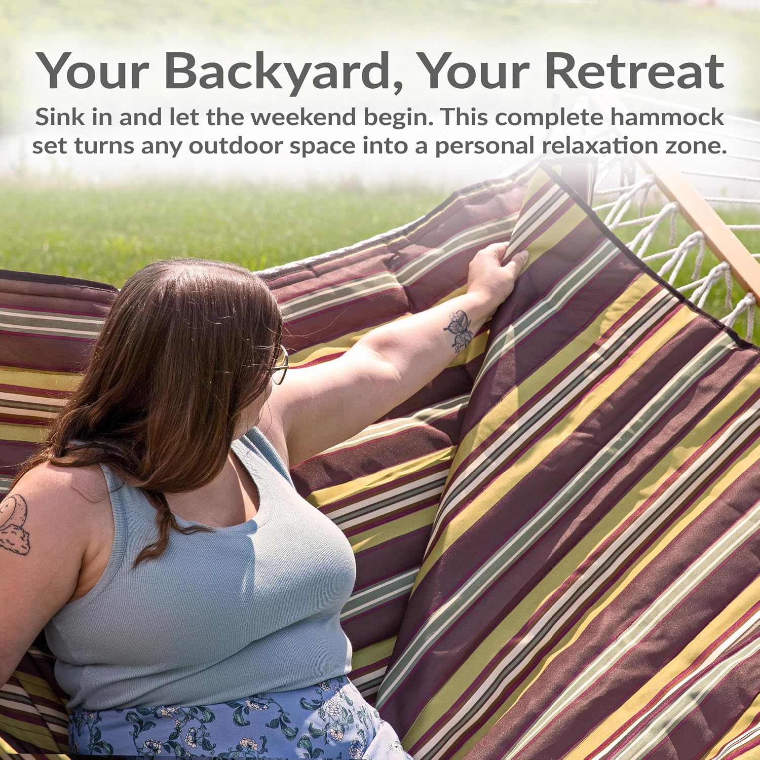 Sunnydaze Rope Hammock with Stand for Outside, 450 lb Capacity | Desert Stripe, Heavy Duty Freestanding Portable Outdoor Hammock Set with Quilted Pad, Pillow, and 12 ft Steel Frame, Desert Stripe