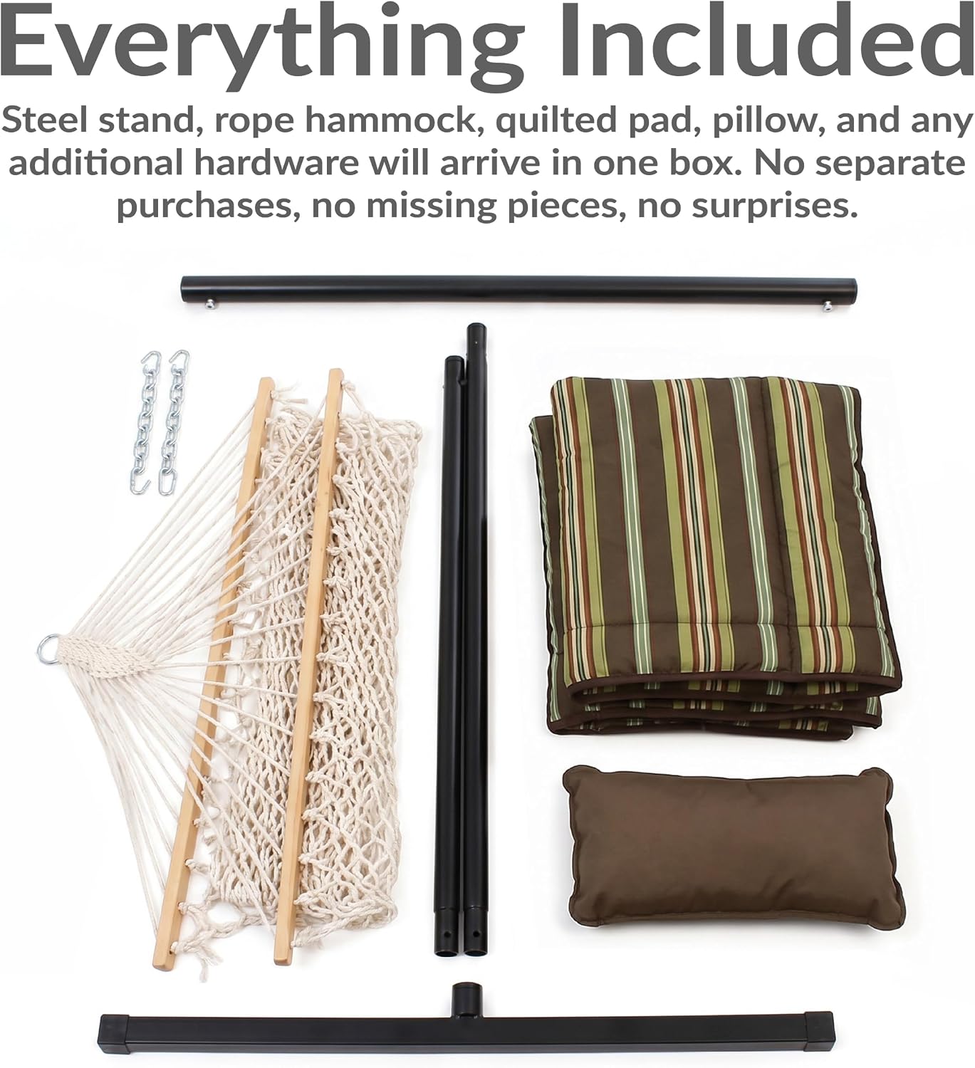 Sunnydaze Rope Hammock with Stand for Outside, 450 lb Capacity | Desert Stripe, Heavy Duty Freestanding Portable Outdoor Hammock Set with Quilted Pad, Pillow, and 12 ft Steel Frame, Desert Stripe