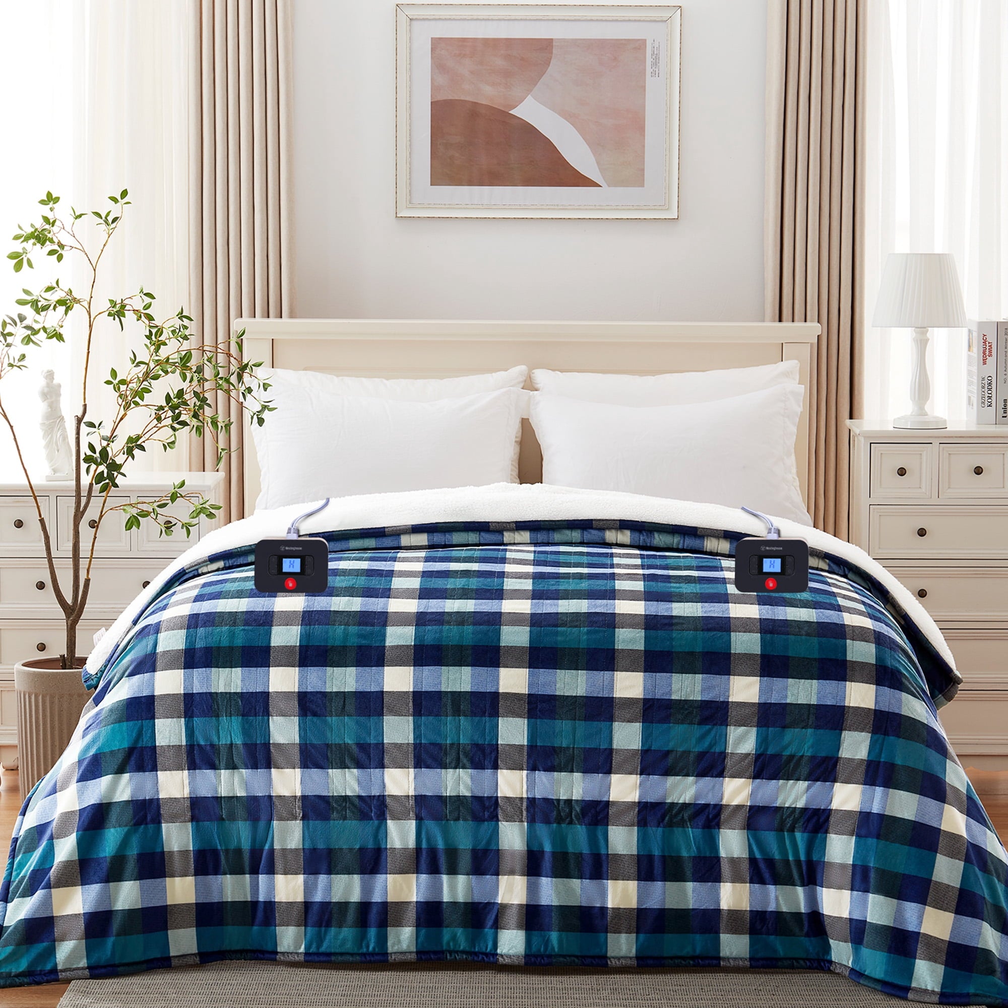 Kata Westinghouse Electric Blanket Heated, Plaid & Sherpa Heating Blanket, 10 Heating Levels & 1-12Hours Heating Time Settings, Queen 84" x 90"