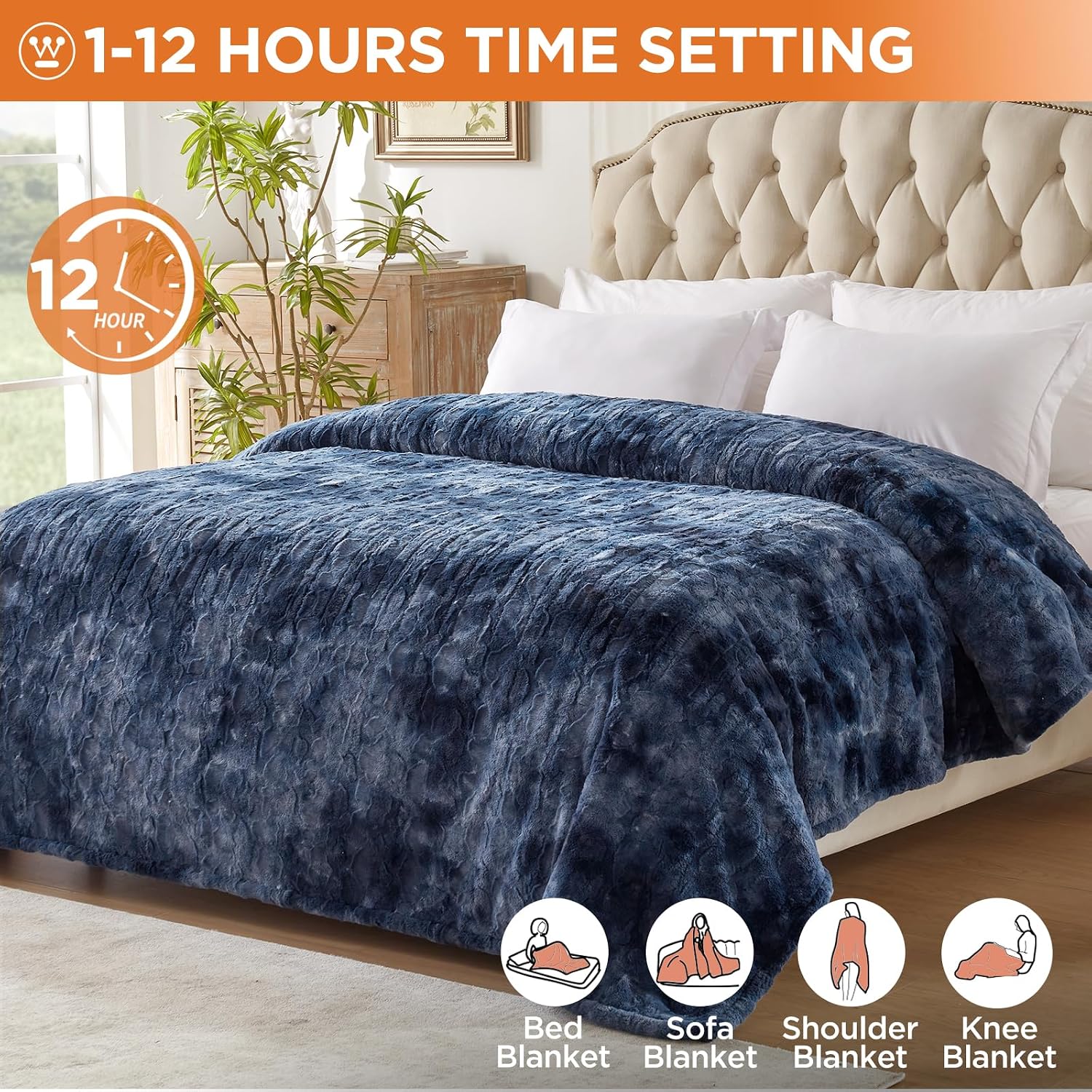 Westinghouse Heated Electric Blanket Faux Fur with 10 Levels, 1-12H Auto-Off, Machine Washable, Overheat Protection, ETL Certified, Cozy Warmth for Home, Queen, 84" x 90"