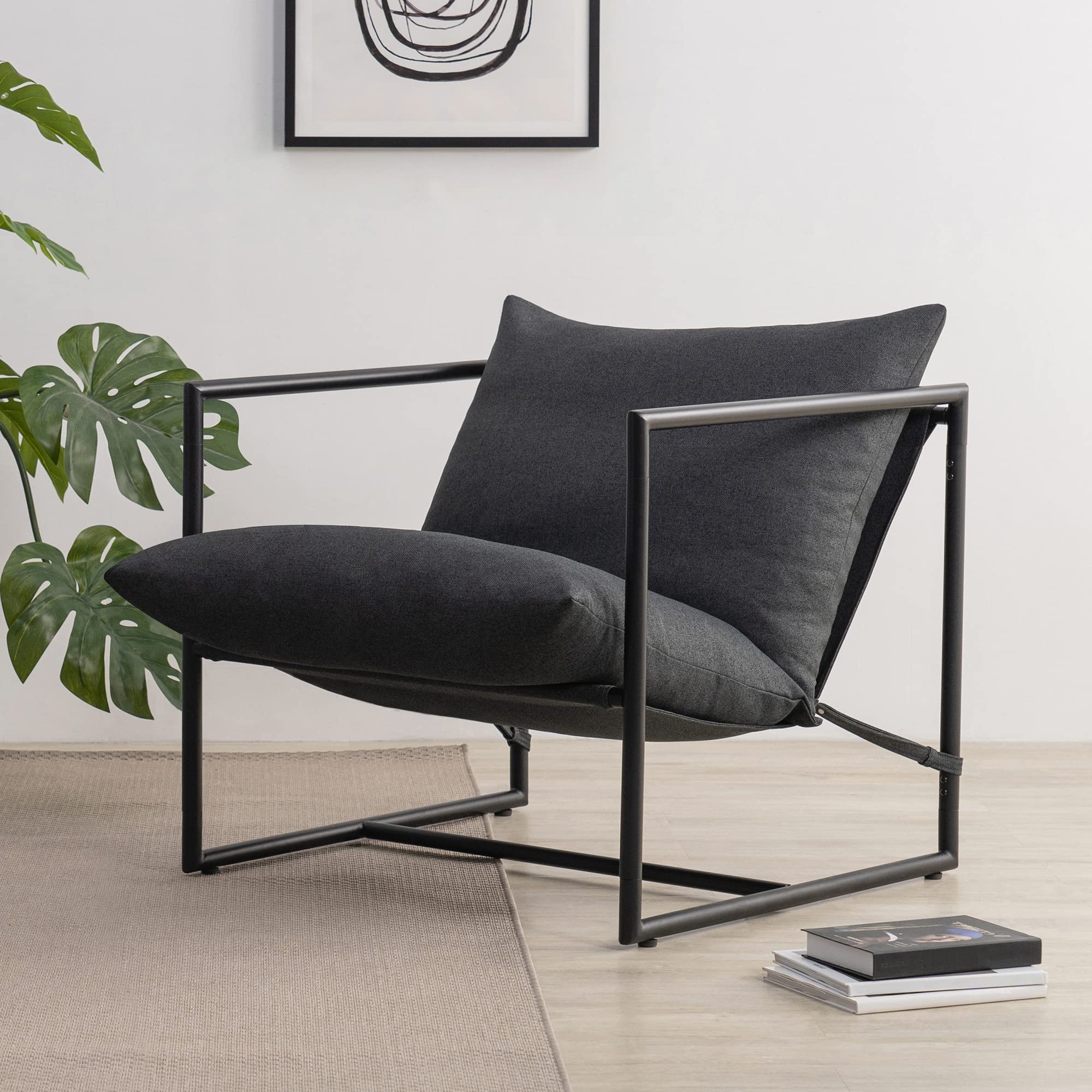 Zinus Aidan Sling Accent Chair, Metal Framed Armchair with Shredded Foam Cushioning, Dark Grey