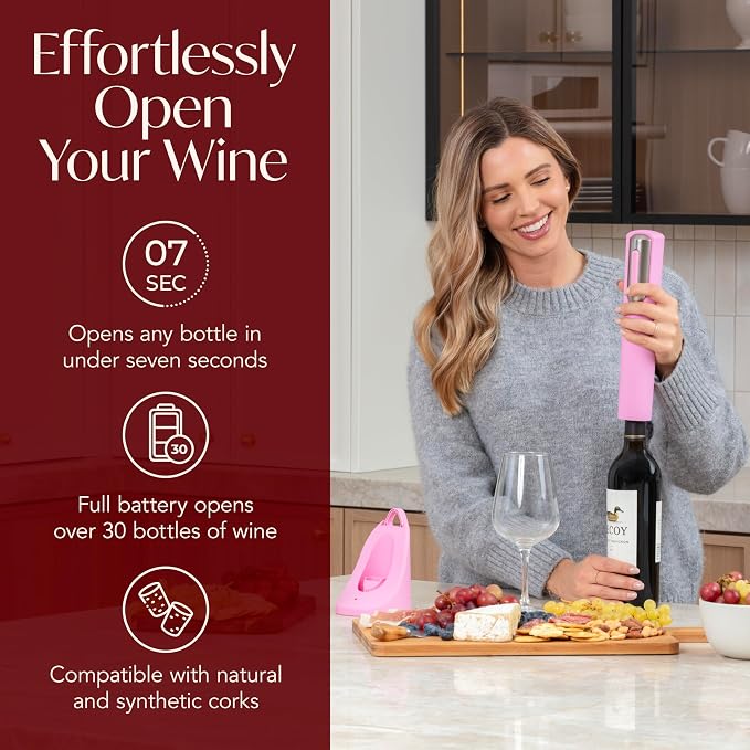 Vin Fresco Rechargeable electric wine opener, charging base and foil cutter included, electric corkscrew for easy cork removal
