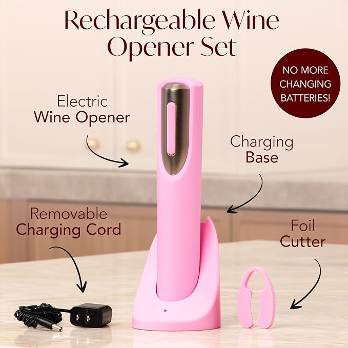 Vin Fresco Rechargeable electric wine opener, charging base and foil cutter included, electric corkscrew for easy cork removal