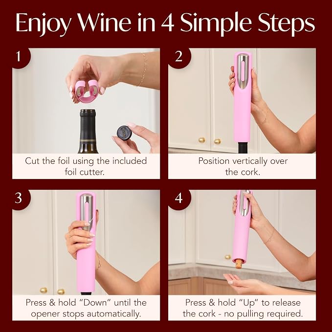 Vin Fresco Rechargeable electric wine opener, charging base and foil cutter included, electric corkscrew for easy cork removal