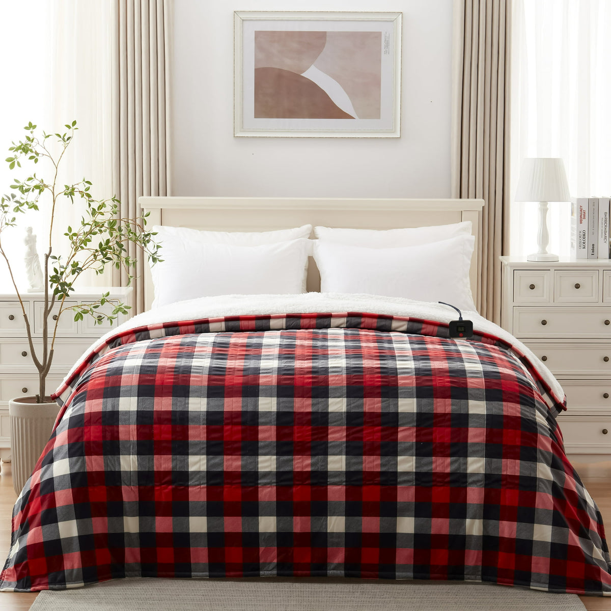 Kata Westinghouse Electric Blanket Heated Throw King Size 100" x 90", Plaid Sherpa Heating Blanket, 10 Heating Levels & 1-12Hours Heating Time Settings