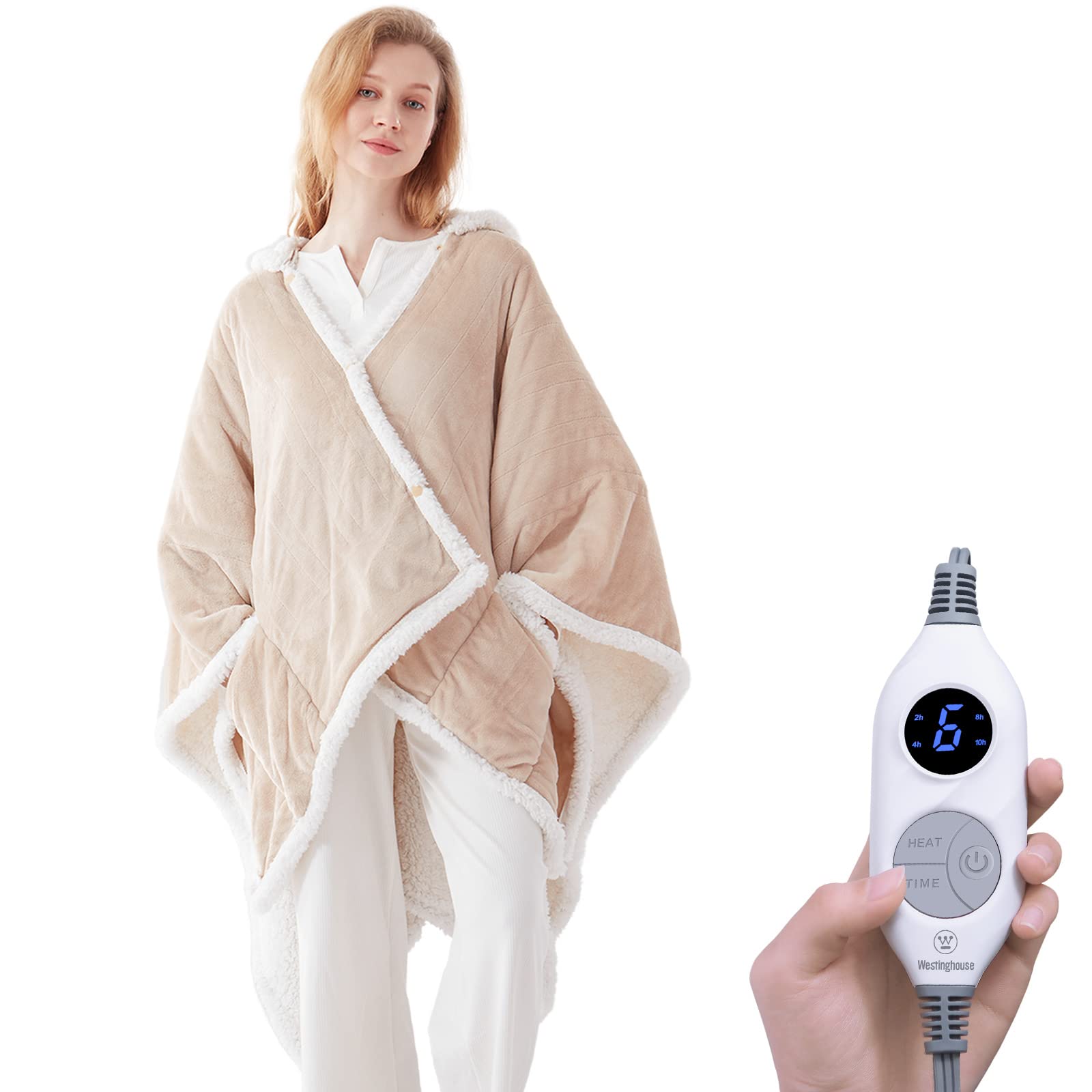 Westinghouse Wearable Electric Throw Flannel Sherpa 50x60 Inch | Electric Shawl Wrap with Pockets, Wearable Heated Poncho Hoodie with 6 Heating Levels & 2-10 Hours Auto Shut Off, Home Office Light Grey 60*50" Heated Hoodie Blanket (Short)