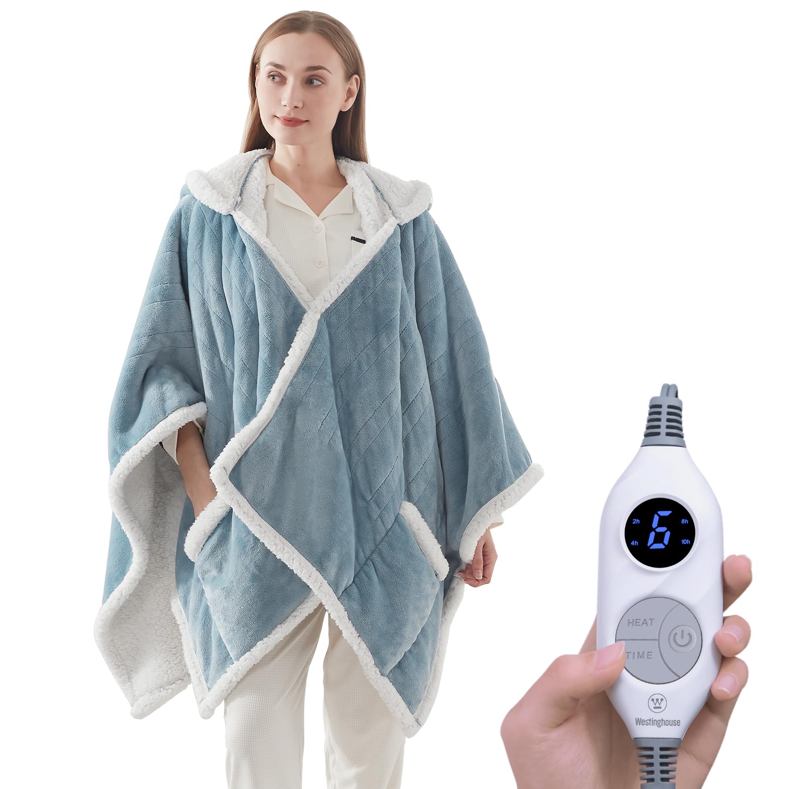 Westinghouse Wearable Electric Throw Flannel Sherpa 50x60 Inch | Electric Shawl Wrap with Pockets, Wearable Heated Poncho Hoodie with 6 Heating Levels & 2-10 Hours Auto Shut Off, Home Office Light Grey 60*50" Heated Hoodie Blanket (Short)