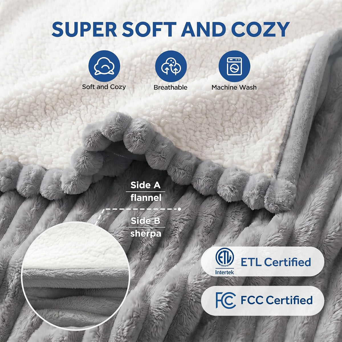 Sealy Electric Blanket Throw 5060, Ribbed Flannel to Sherpa with 6 Heat Settings, 2-10 Hours Auto Off, Overheat Protection, Machine Washable, ETC Certified, Grey, Size 50" x 60"