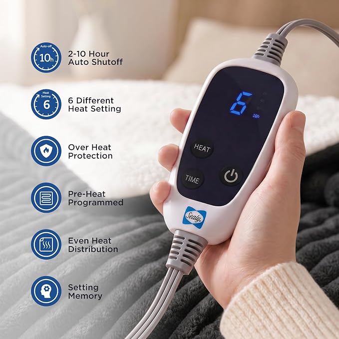 Sealy Electric Blanket Throw 5060, Ribbed Flannel to Sherpa with 6 Heat Settings, 2-10 Hours Auto Off, Overheat Protection, Machine Washable, ETC Certified, Grey, Size 50" x 60"