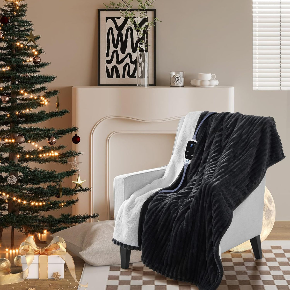 Sealy Electric Blanket Throw 5060, Ribbed Flannel to Sherpa with 6 Heat Settings, 2-10 Hours Auto Off, Overheat Protection, Machine Washable, ETC Certified, Grey, Size 50" x 60"