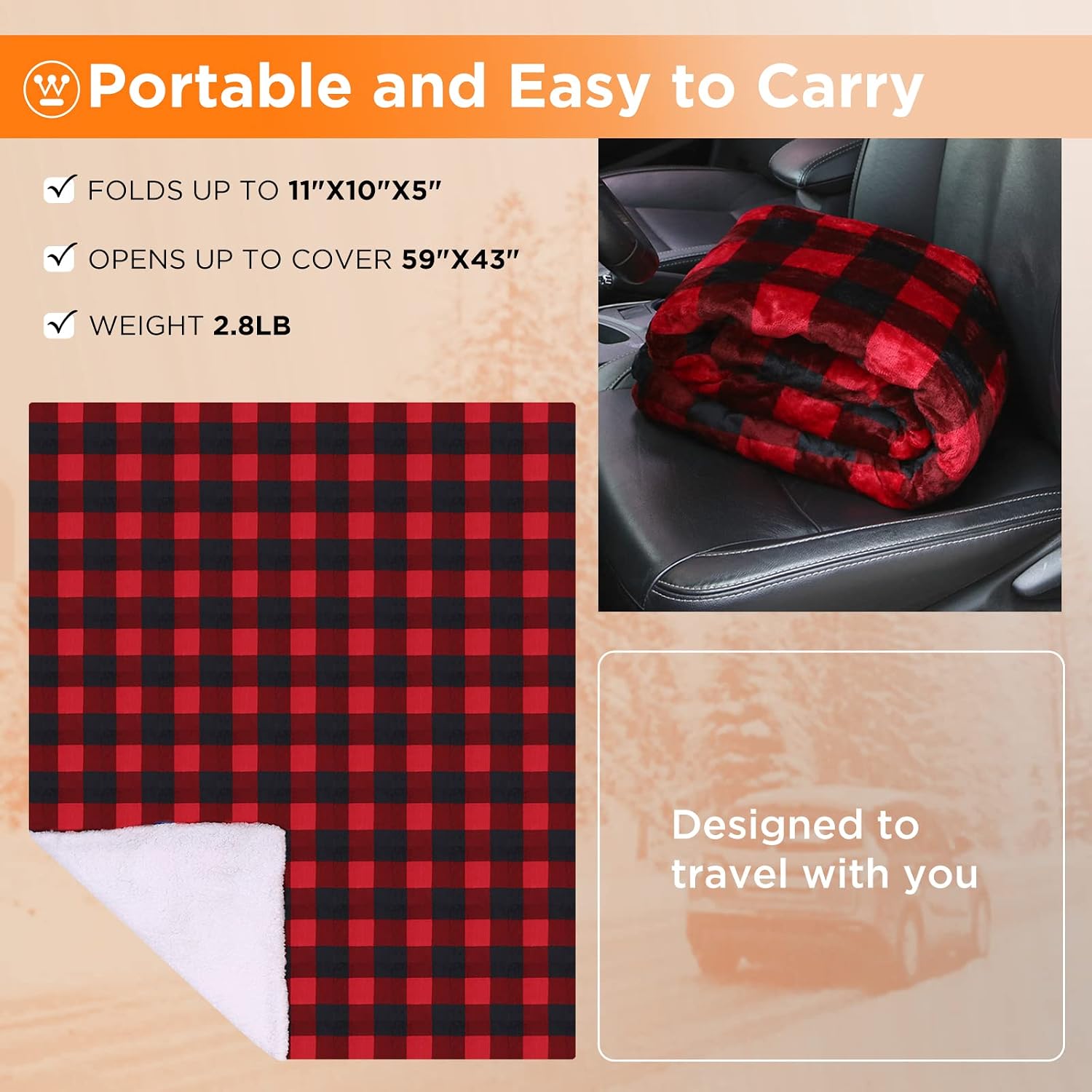 Westinghouse Heated Car Blanket, 59" x 43 | 12-Volt Electric Blanket for Car, Truck, SUV, RV, Portable Heated Throw for Camping, Red Buffalo Plaid