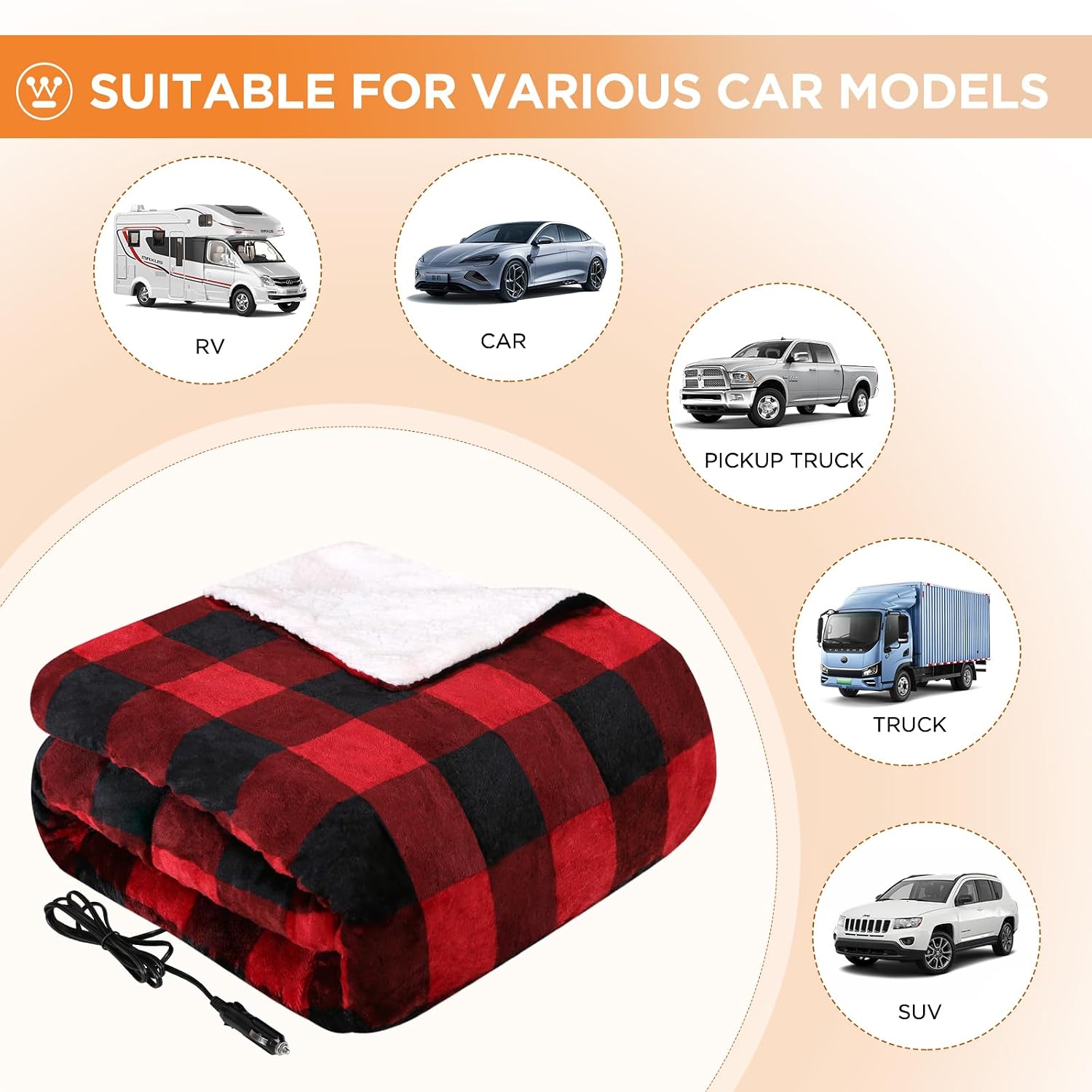 Westinghouse Heated Car Blanket, 59" x 43 | 12-Volt Electric Blanket for Car, Truck, SUV, RV, Portable Heated Throw for Camping, Red Buffalo Plaid