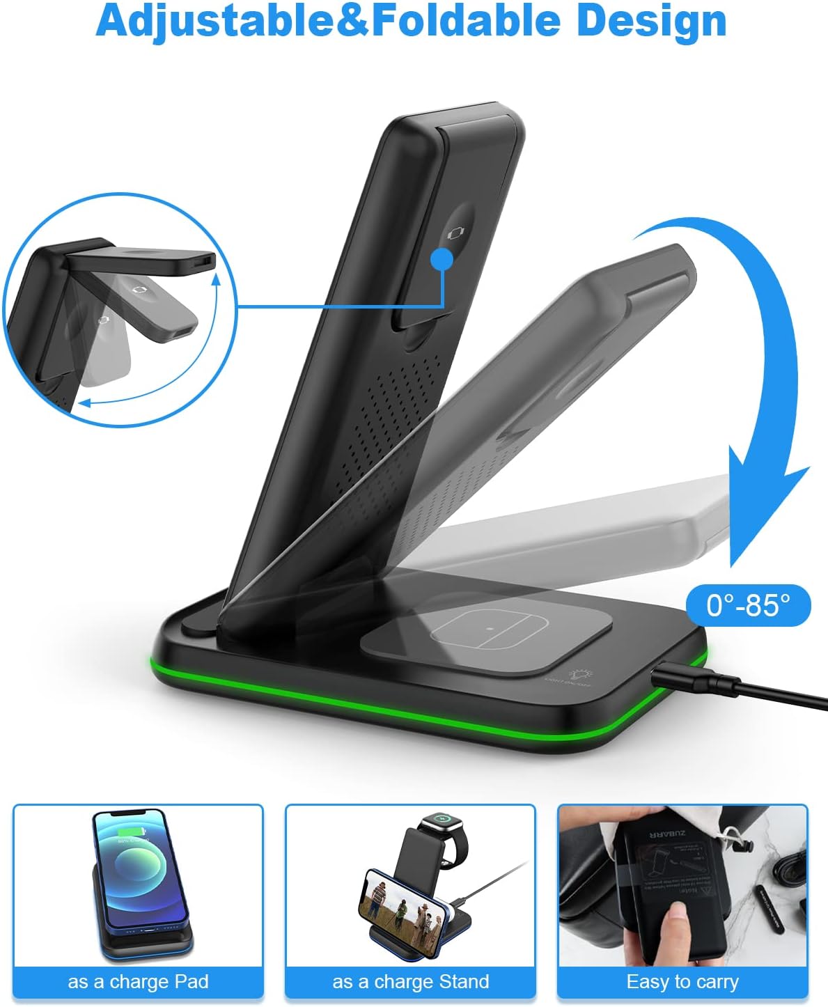 Foldable Wireless Charger for Multiple Devices 3 in 1 Wireless Charging Station for Travel, Compatible with iPhone 17 16e 16 15 14 13 12 11, Charging Pad for iWatch Series & Airpods 4 3 2 Pro, 2 Pack