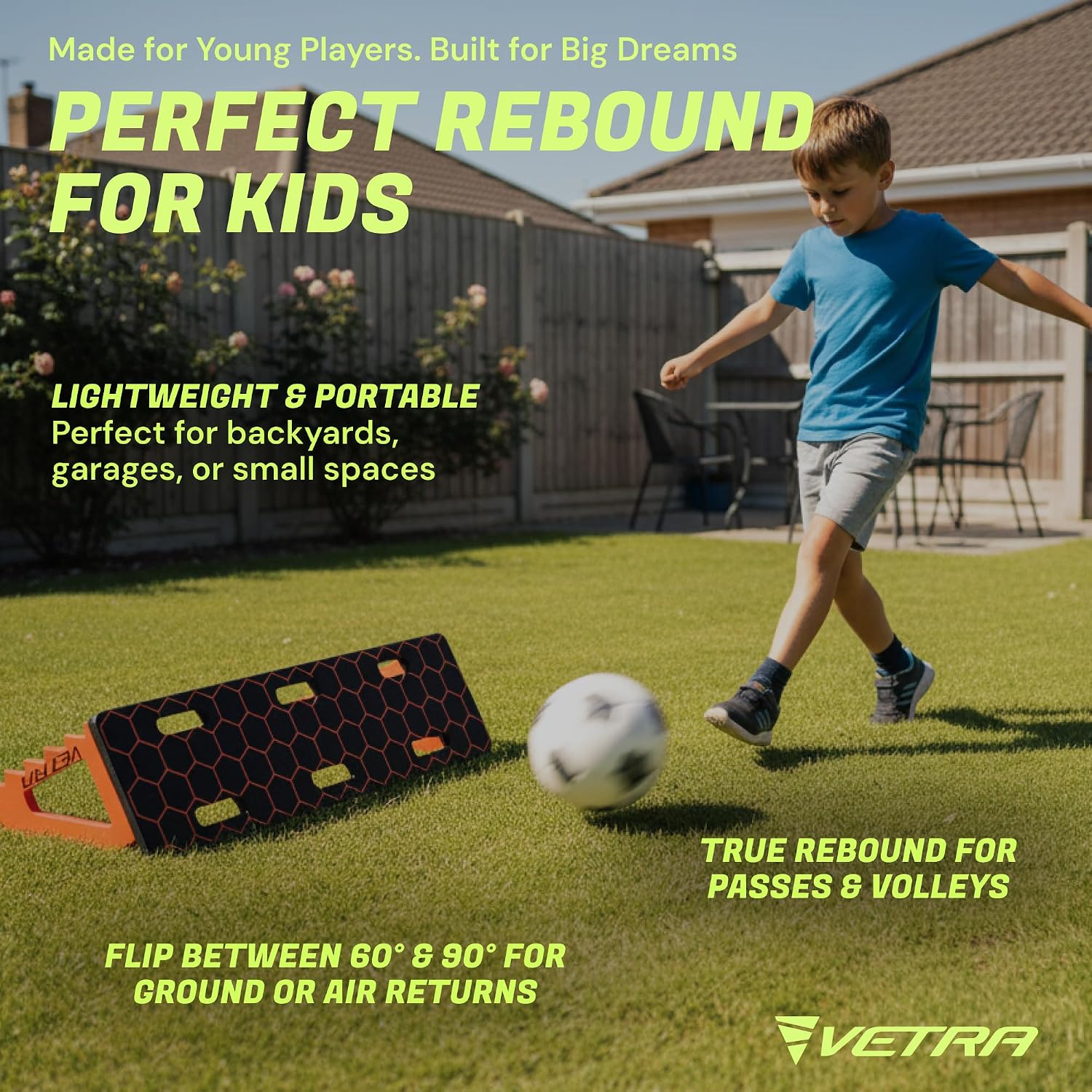 VETRA Soccer Training Equipment - Soccer Rebounder Board with 2 Sandbags - Adjustable Durable Portable Wall & Replay Trainer for Ball Control, Passing & Shooting Rebounders - Use for solo soccer training & ball control