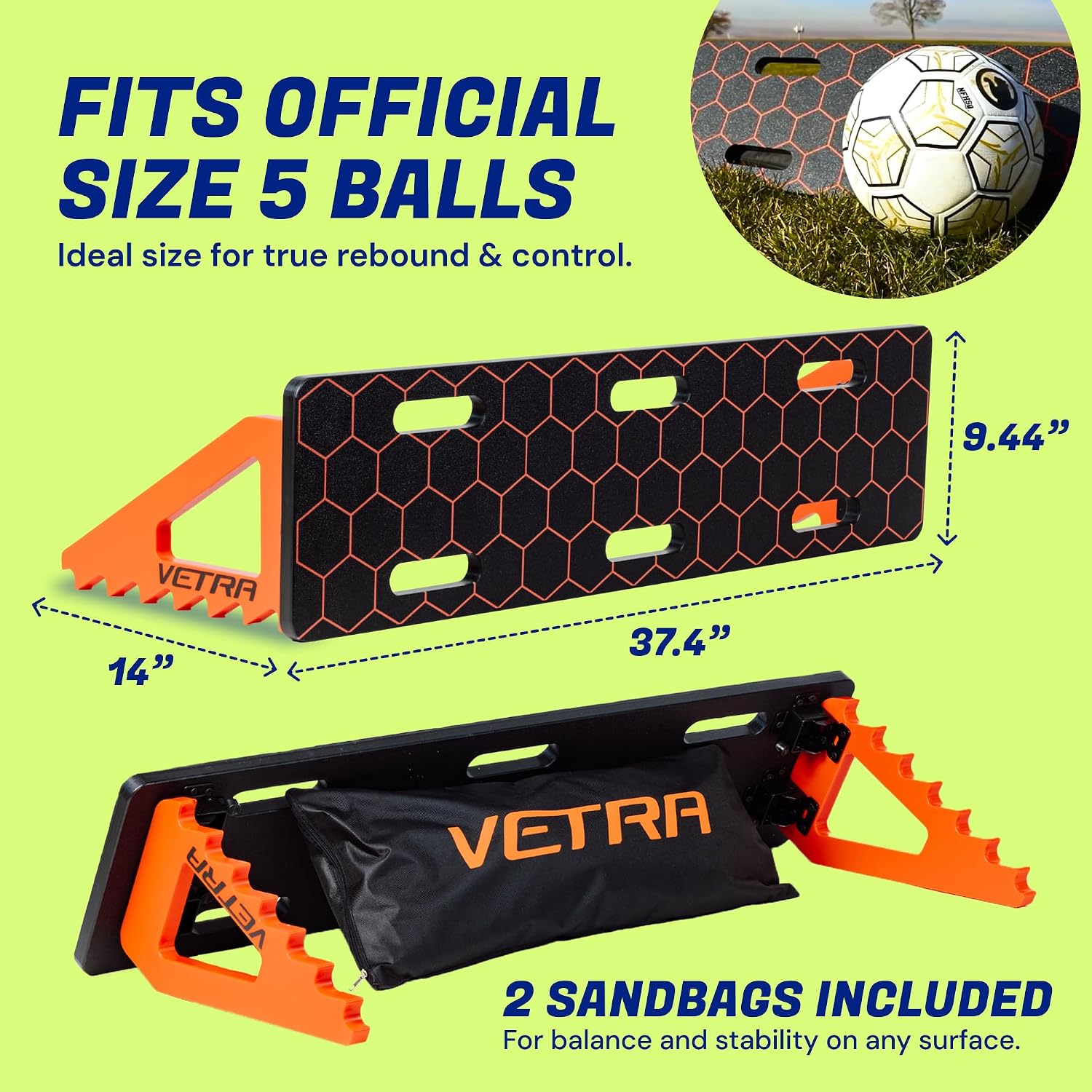 VETRA Soccer Training Equipment - Soccer Rebounder Board with 2 Sandbags - Adjustable Durable Portable Wall & Replay Trainer for Ball Control, Passing & Shooting Rebounders - Use for solo soccer training & ball control