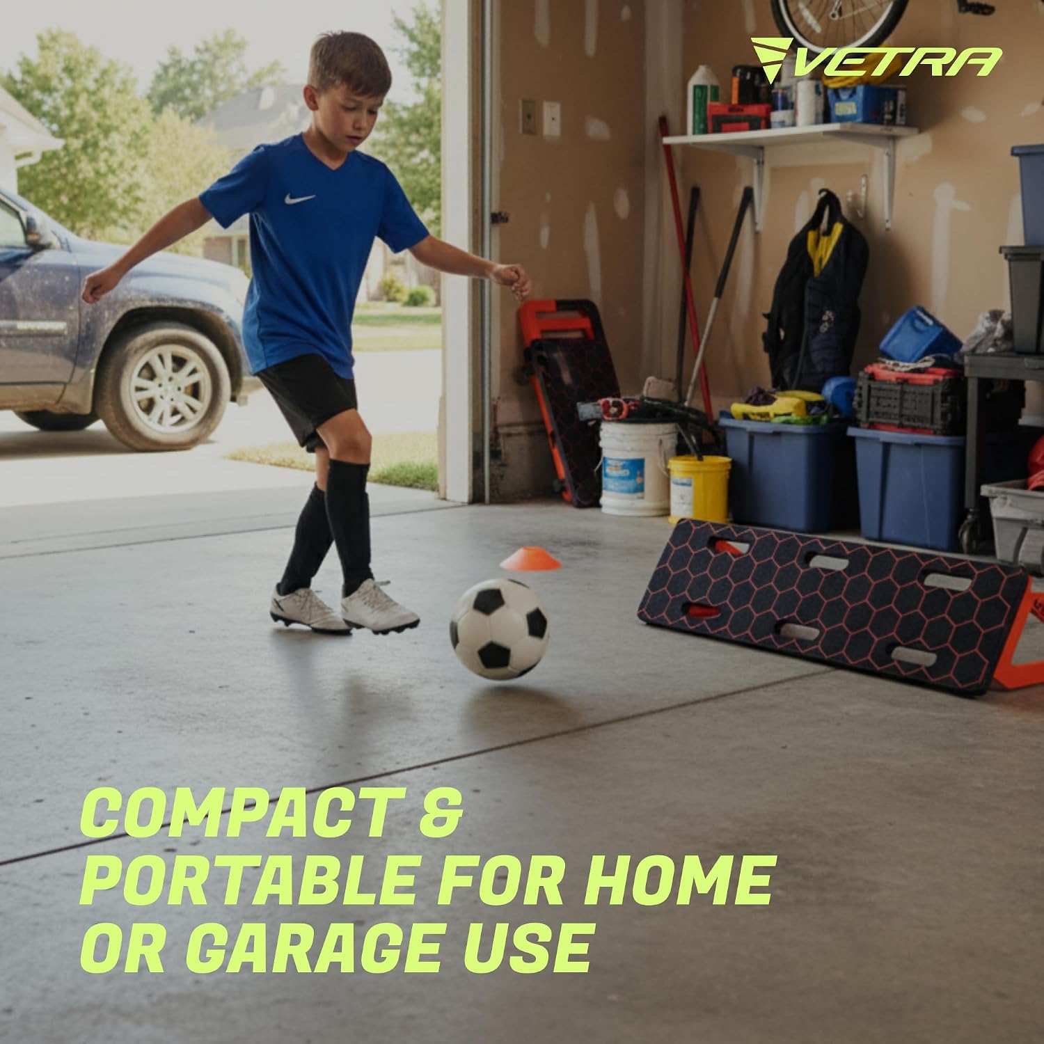 VETRA Soccer Training Equipment - Soccer Rebounder Board with 2 Sandbags - Adjustable Durable Portable Wall & Replay Trainer for Ball Control, Passing & Shooting Rebounders - Use for solo soccer training & ball control