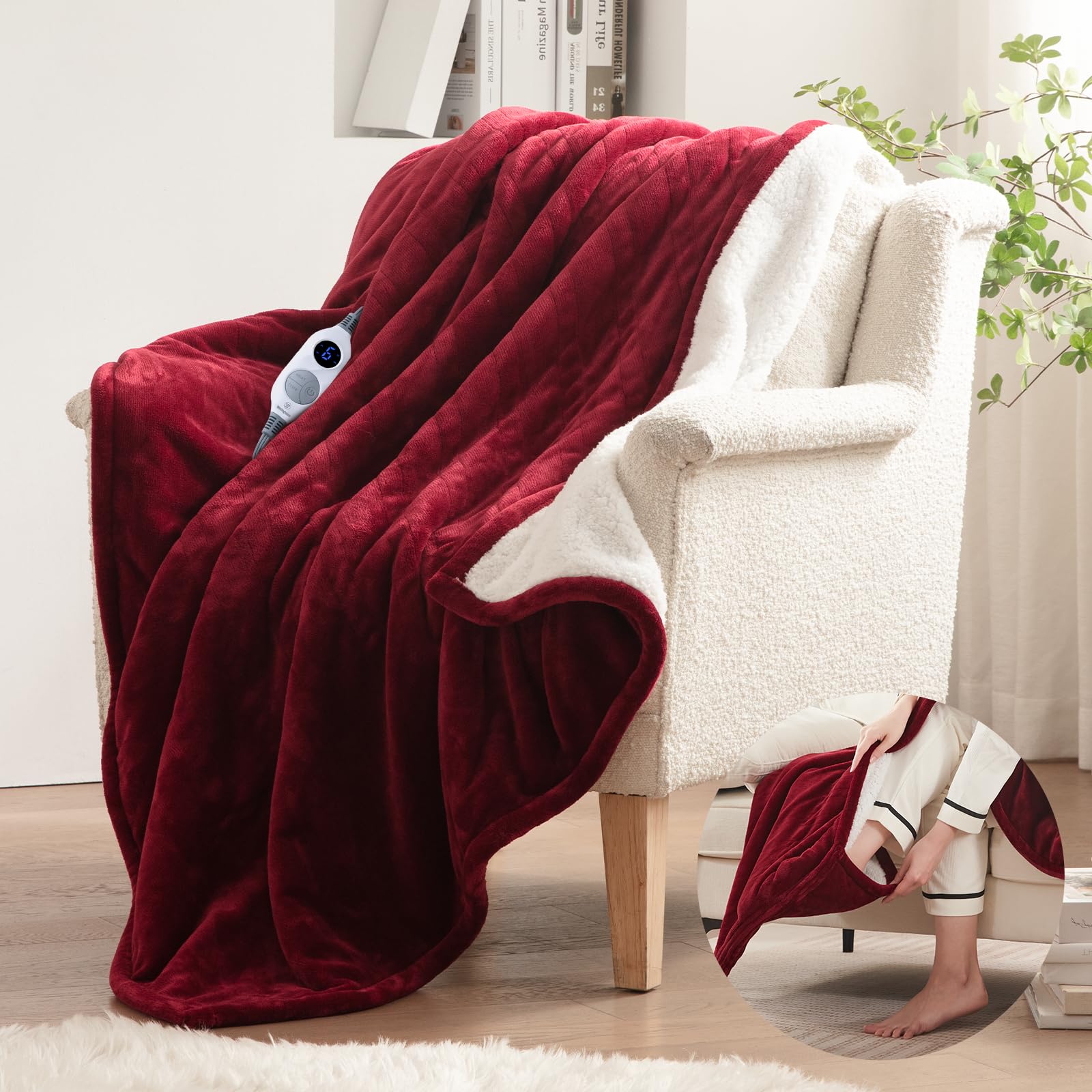 Westinghouse Electric Throw Blanket with Foot Pocket for Adults 50x62 | Soft Flannel to Sherpa Heated Throw with 6 Heating Levels & 2-10 Hours Time Settings, Fast Heating & Machine Washable