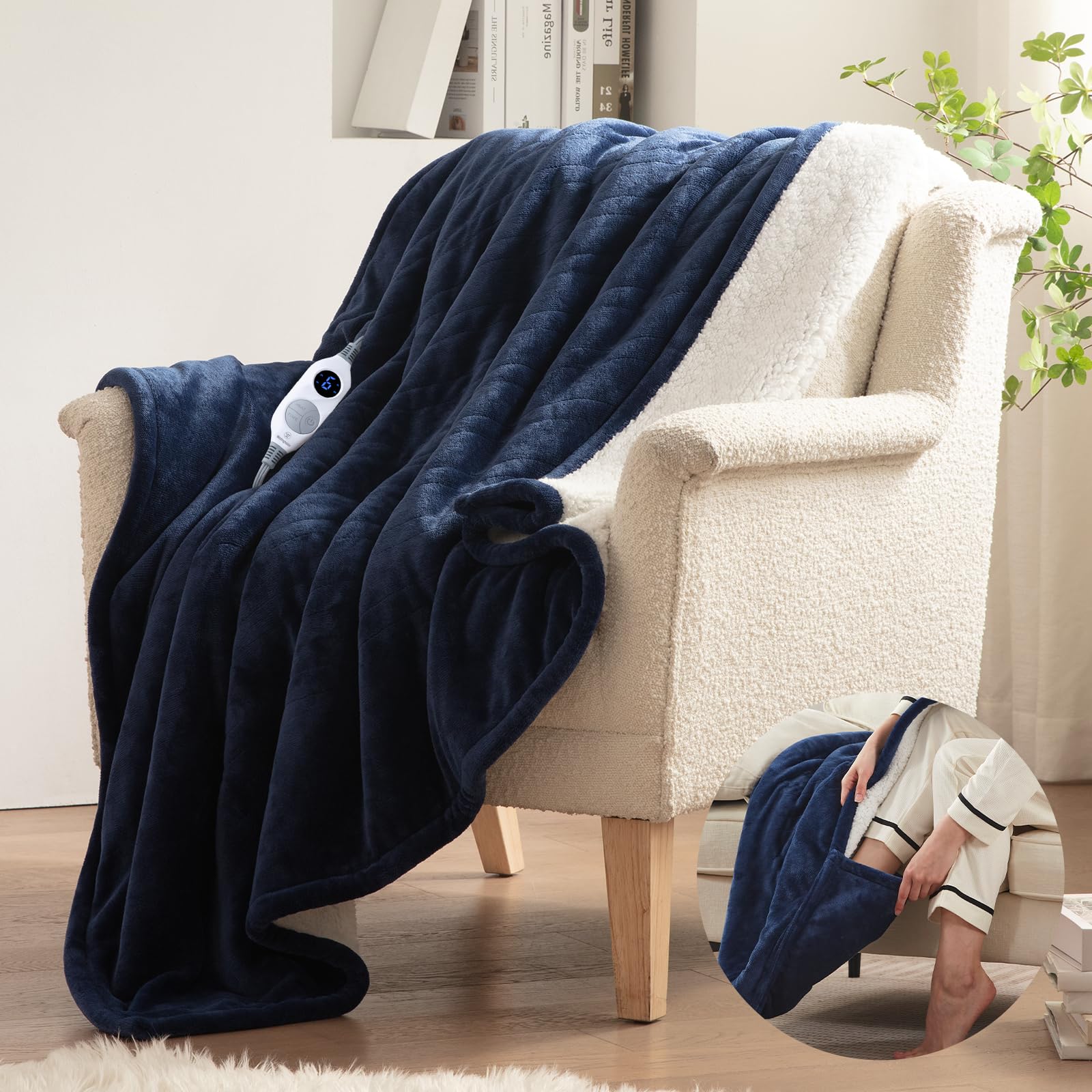 Westinghouse Electric Throw Blanket with Foot Pocket for Adults 50x62 | Soft Flannel to Sherpa Heated Throw with 6 Heating Levels & 2-10 Hours Time Settings, Fast Heating & Machine Washable