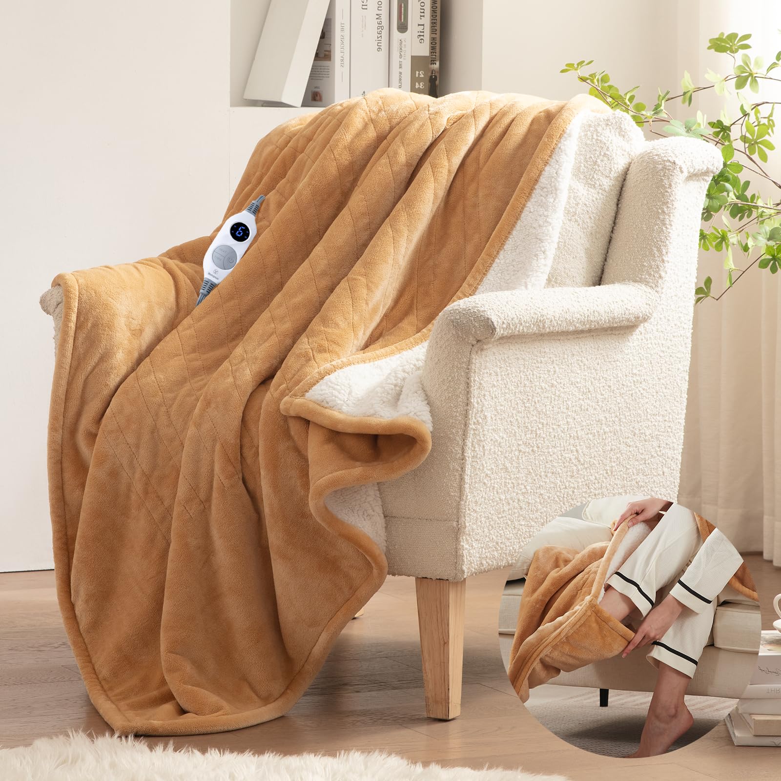 Westinghouse Electric Throw Blanket with Foot Pocket for Adults 50x62 | Soft Flannel to Sherpa Heated Throw with 6 Heating Levels & 2-10 Hours Time Settings, Fast Heating & Machine Washable