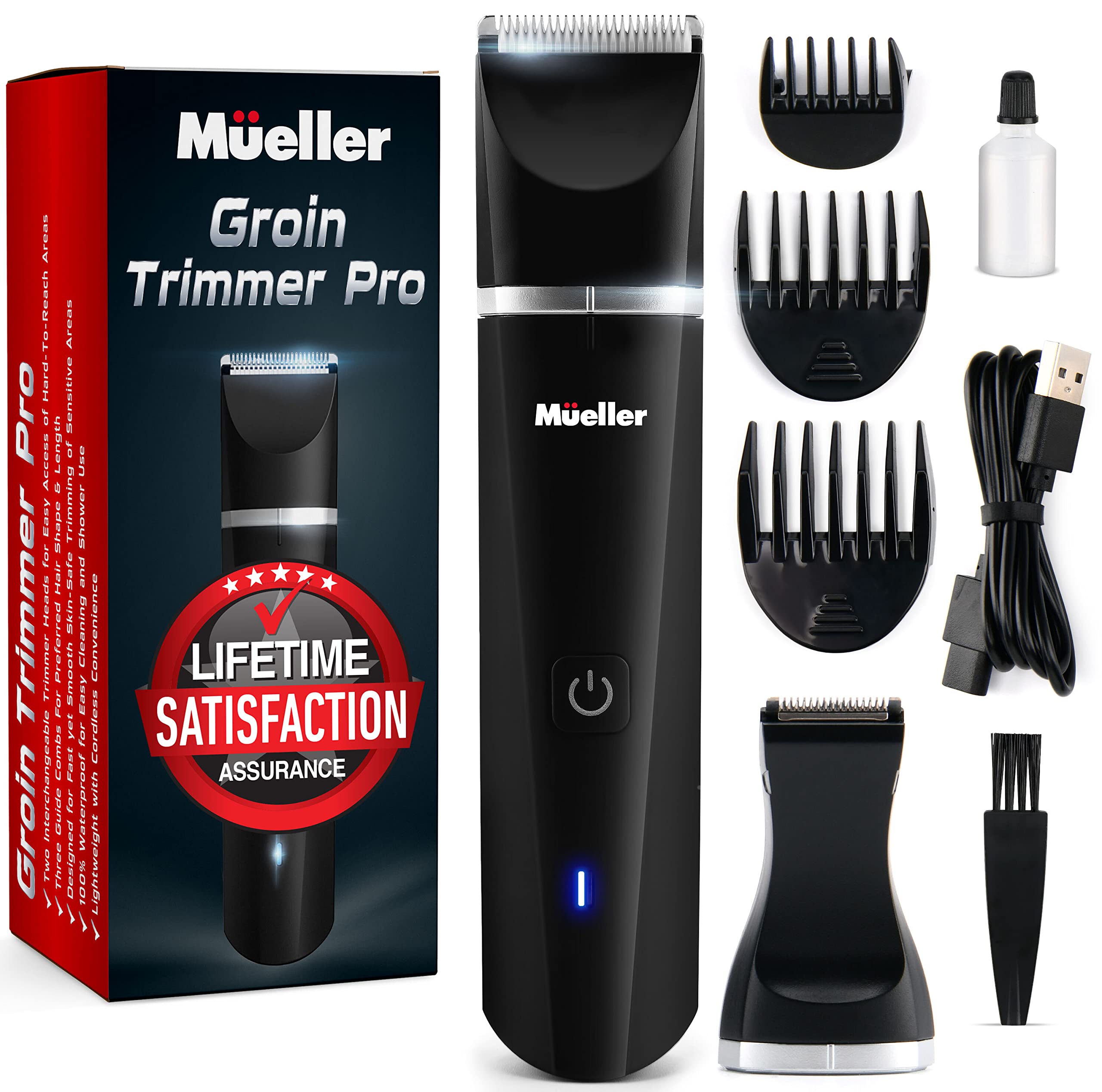 Mueller Groin Master Pro Hair Trimmer 5.0, Replaceable Skin Saver Ceramic Blade Heads, Waterproof Wet/Dry Clippers, Rechargeable, Wireless Charging, Ultimate Male Hygiene Razor