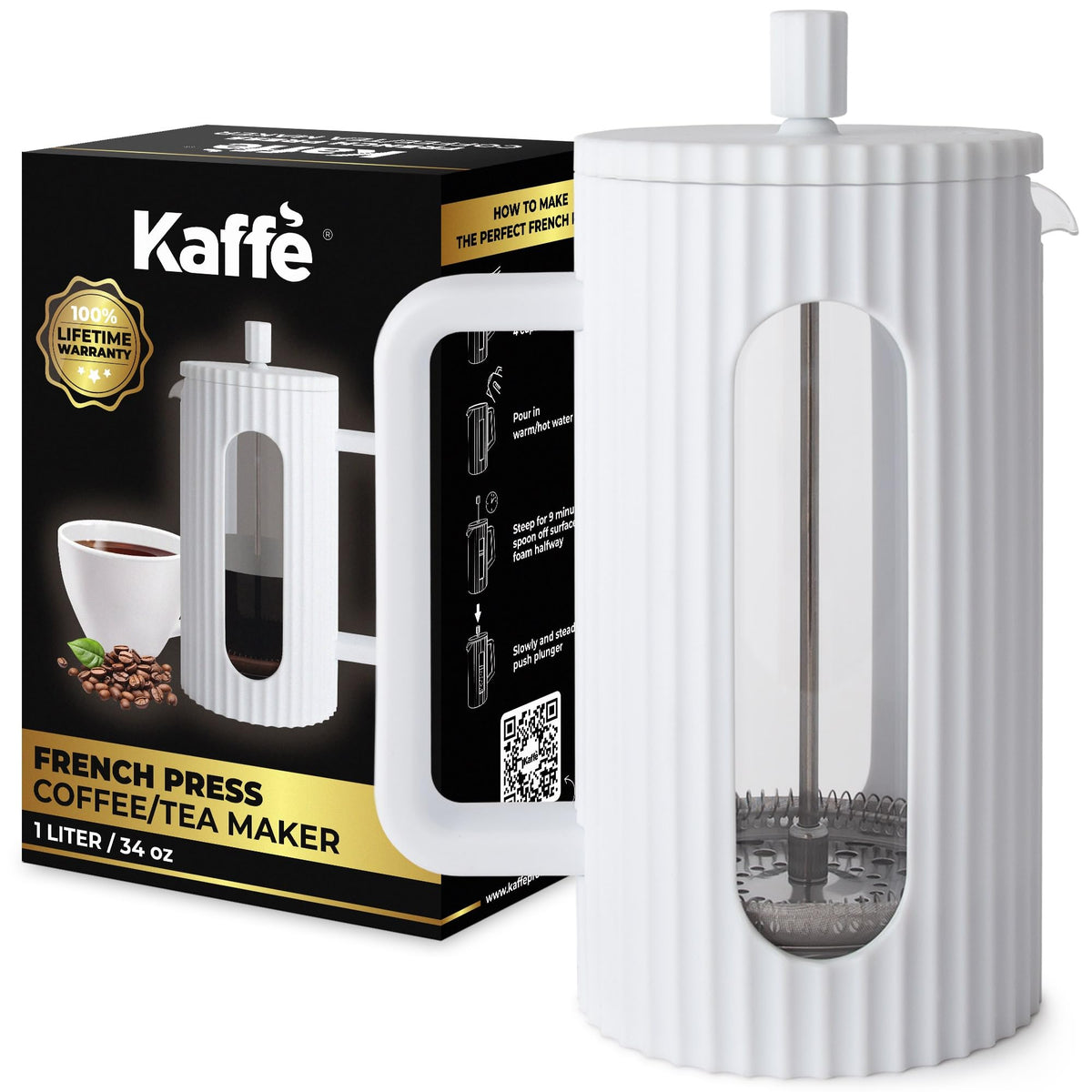 Kaffe Coffee Making Bundle- Includes Grinder, French Press, Measuring Spoon, Airtight Coffee Cannister, Set of 2 Cappuccino Cups