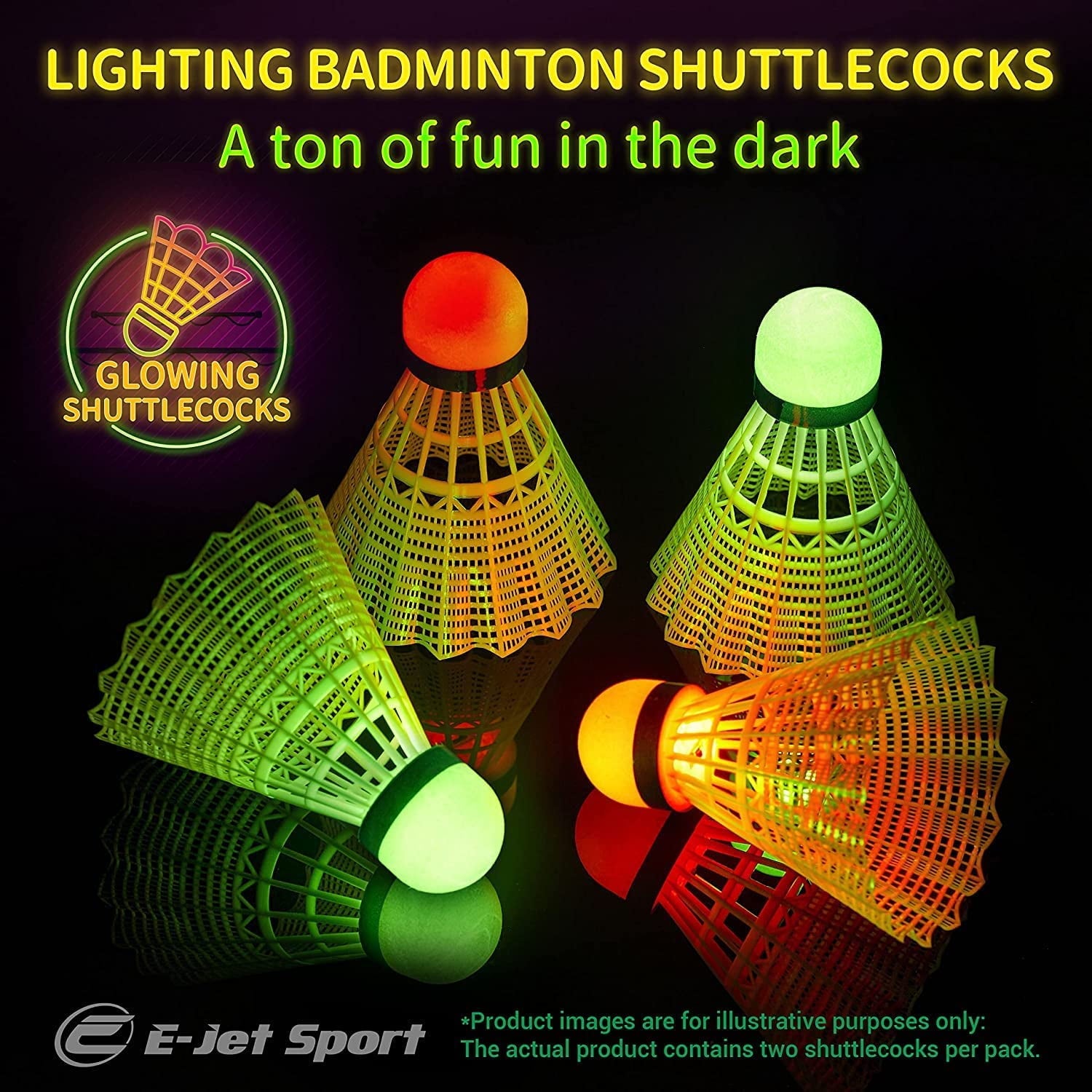 E-Jet Sport Rackets LED Lightning Shuttlecocks Combo Portable Sport Badminton Net Set
