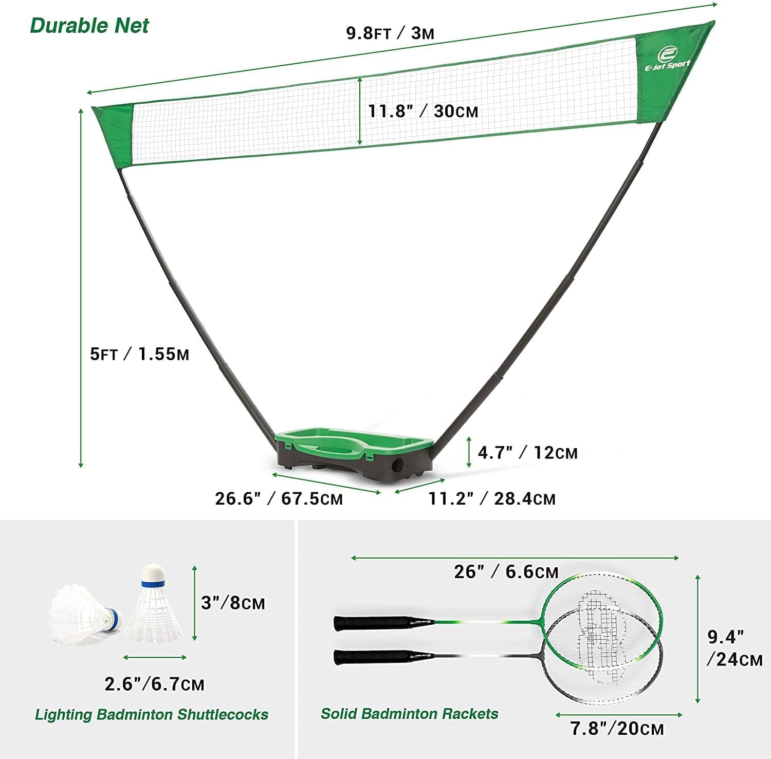 E-Jet Sport Rackets LED Lightning Shuttlecocks Combo Portable Sport Badminton Net Set