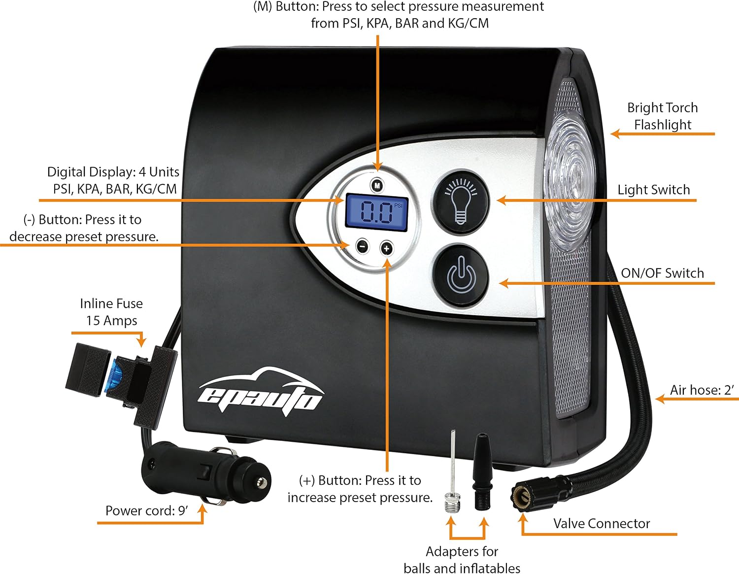 EPAuto 12V DC Portable Digital Tire Inflator & Air Compressor, 120 Watts, Black